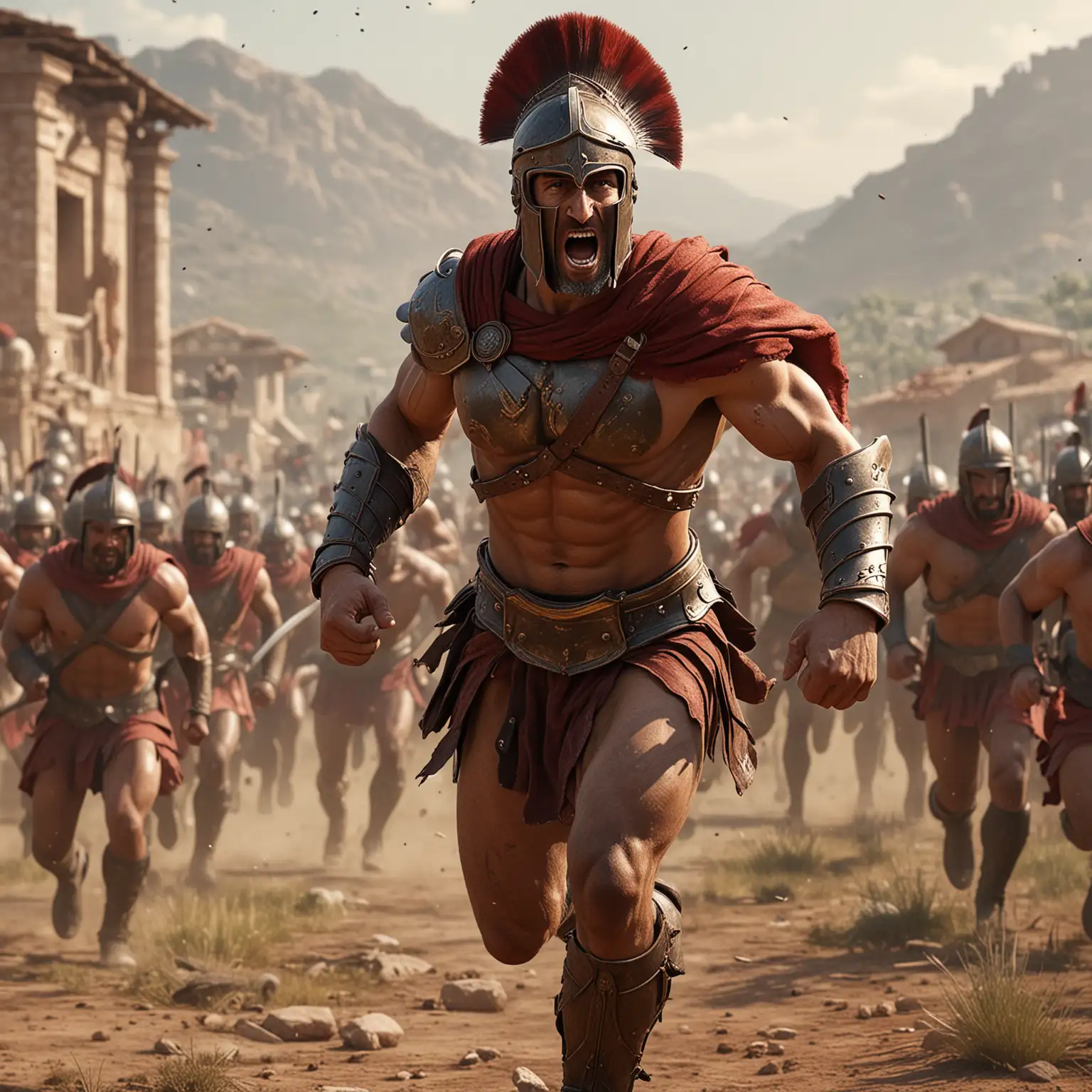 a spartan in full battle gear running in the field, in the style of crimson and bronze, detailed crowd scenes, massurrealism, monsù desiderio, grandiose architecture, strong facial expression, pigeoncore --ar 1:2 --stylize 750