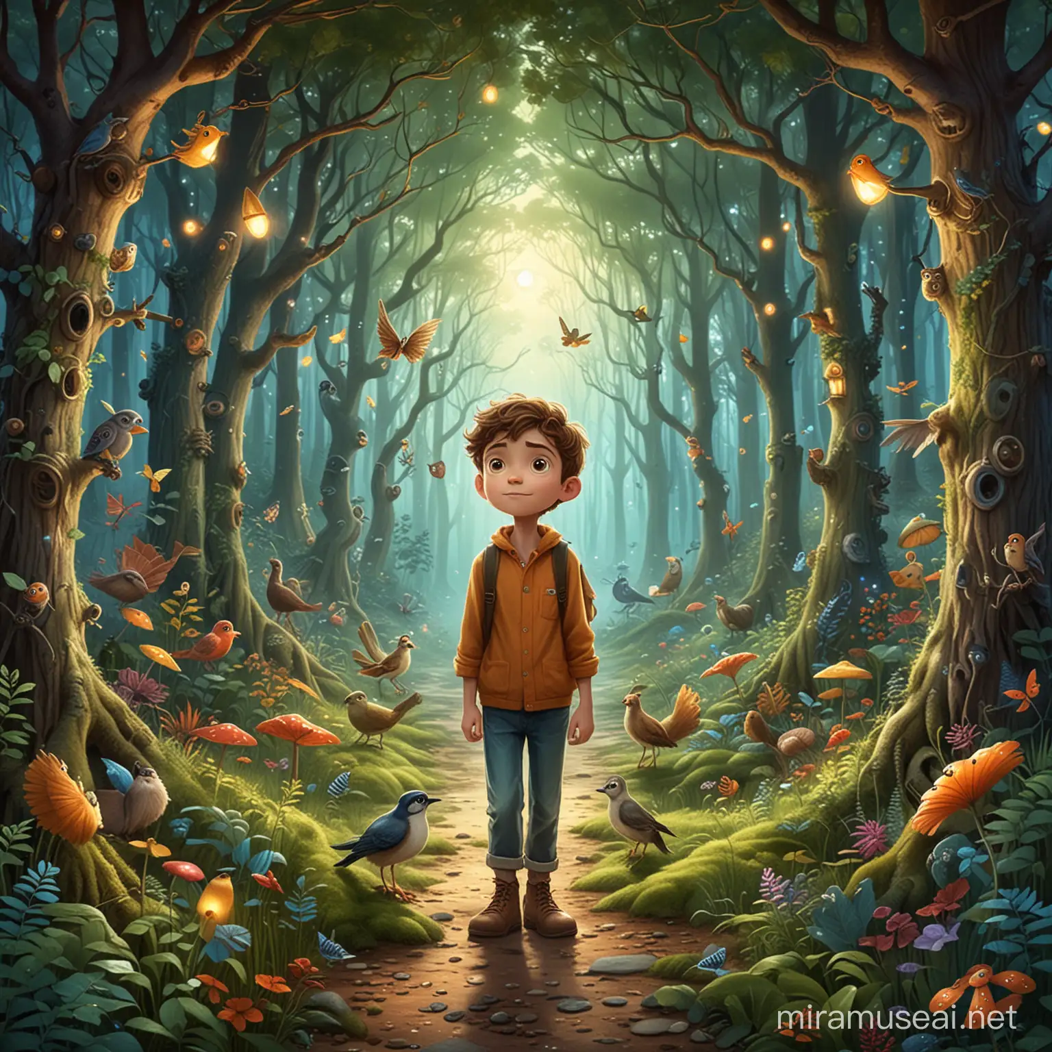 Illustrate a vibrant and enchanting forest with a wide-eyed boy, Leo, at the center, looking curiously into the depths. Surround him with a variety of whimsical forest creatures and a mysterious, inviting path that leads into the heart of the forest. The sky should hint at magic with sparkling lights and a majestic bird flying overhead, symbolizing the adventure and leadership theme of the story.