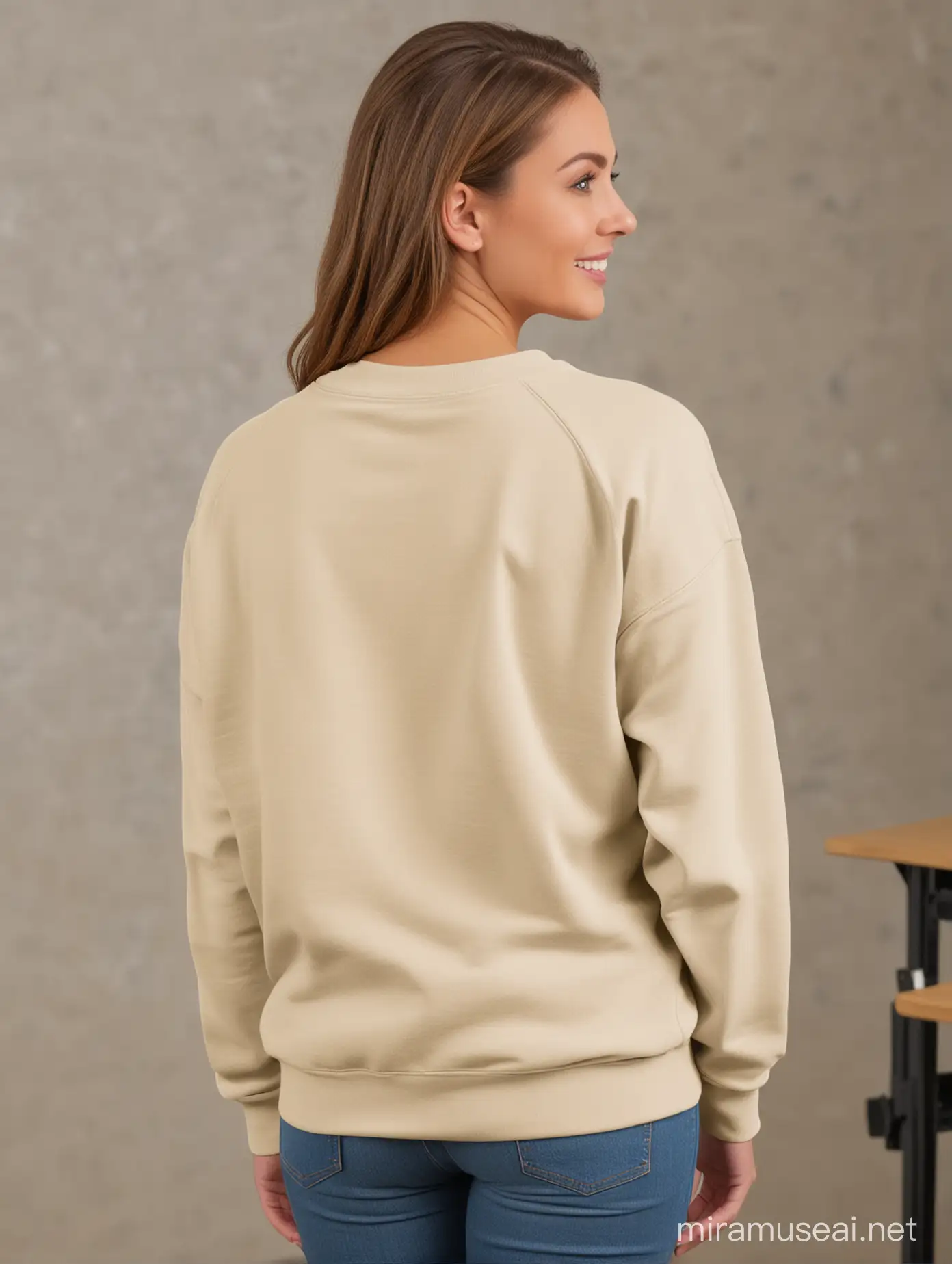 Gildan 1800 sweatshirt in sand color, back view worn by a teacher in a classroom