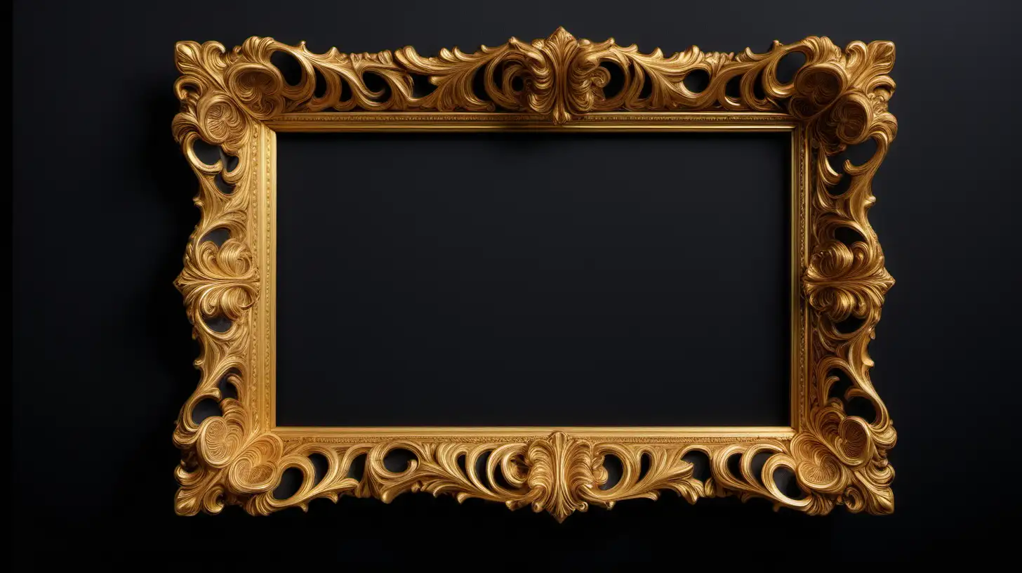 gold picture frame with ornate design on black background