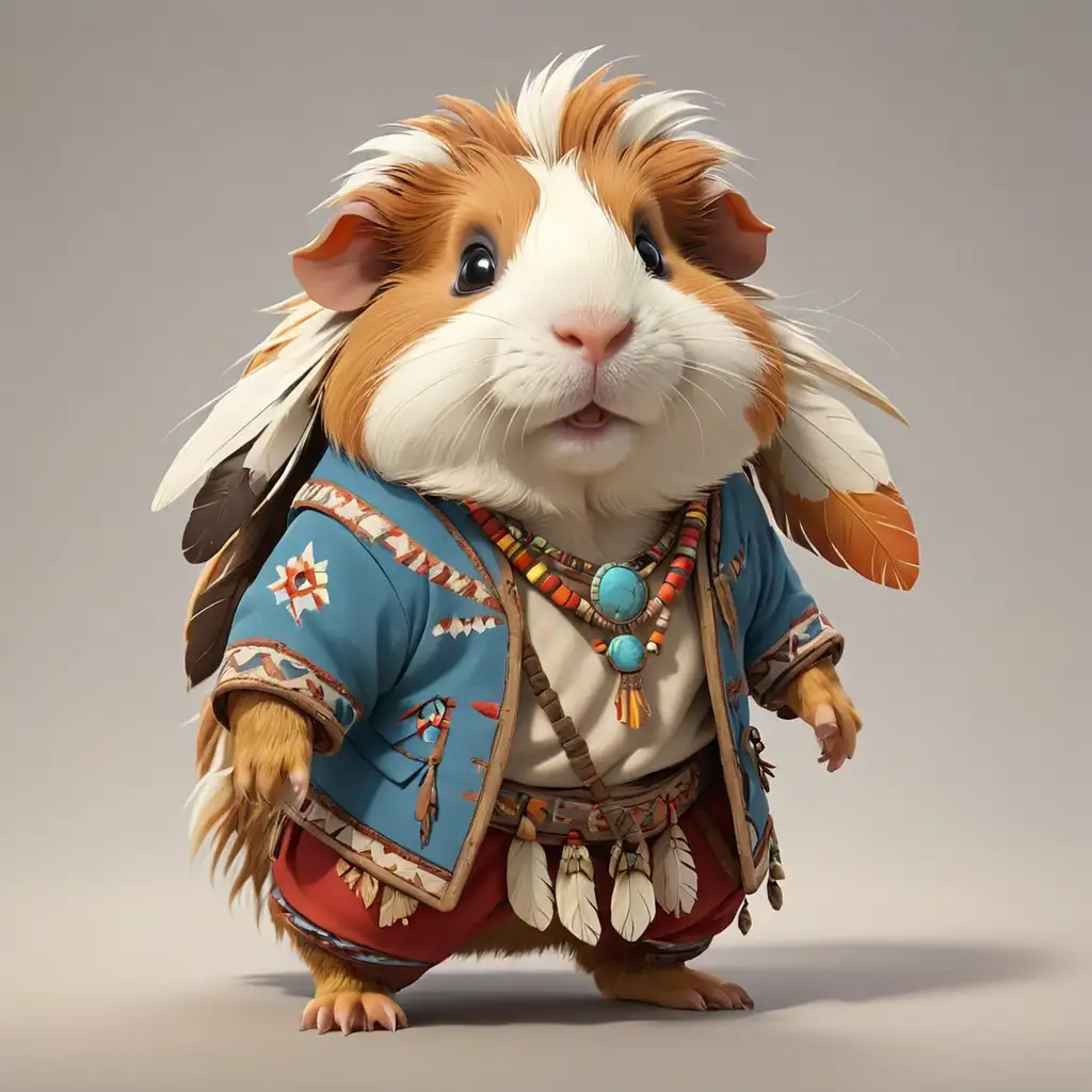 a cute Guinea pig in cartoon style in full body with american indian clothes with clear background