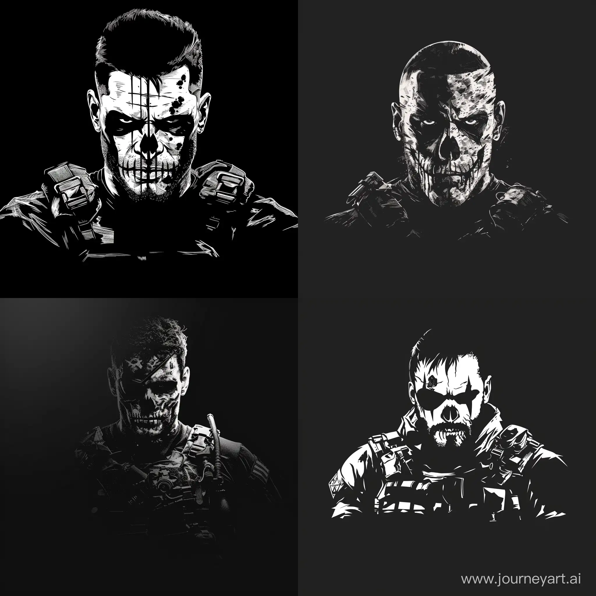 logo, minimalistic, man, crudely painted skull of punisher war paint, military equipment, black and white, black background