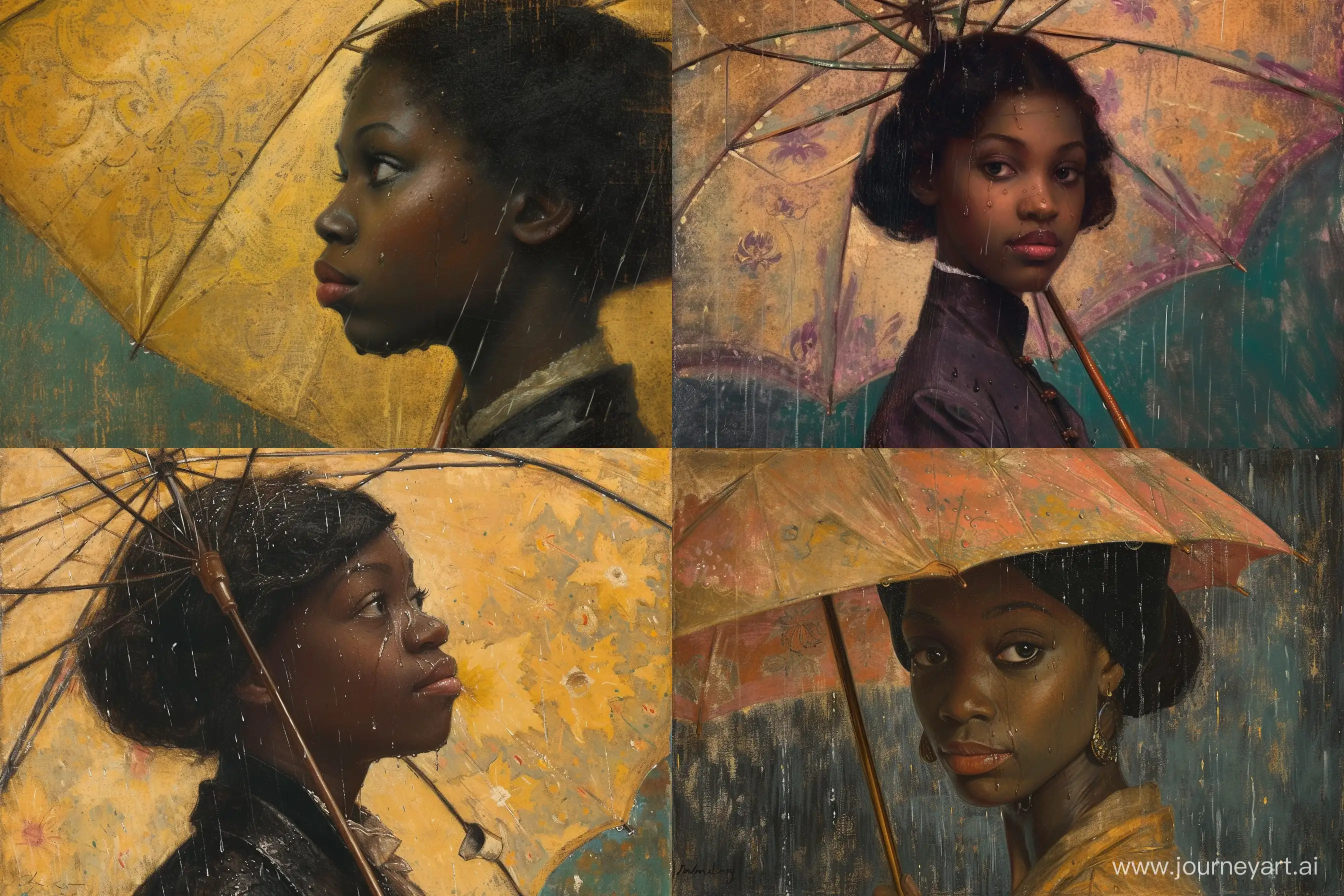 Portrait grundge of a BLACK young WOMAN with an umbrella in the rain in the 1920s, by John Everett Millais
--v 6 --ar 3:2