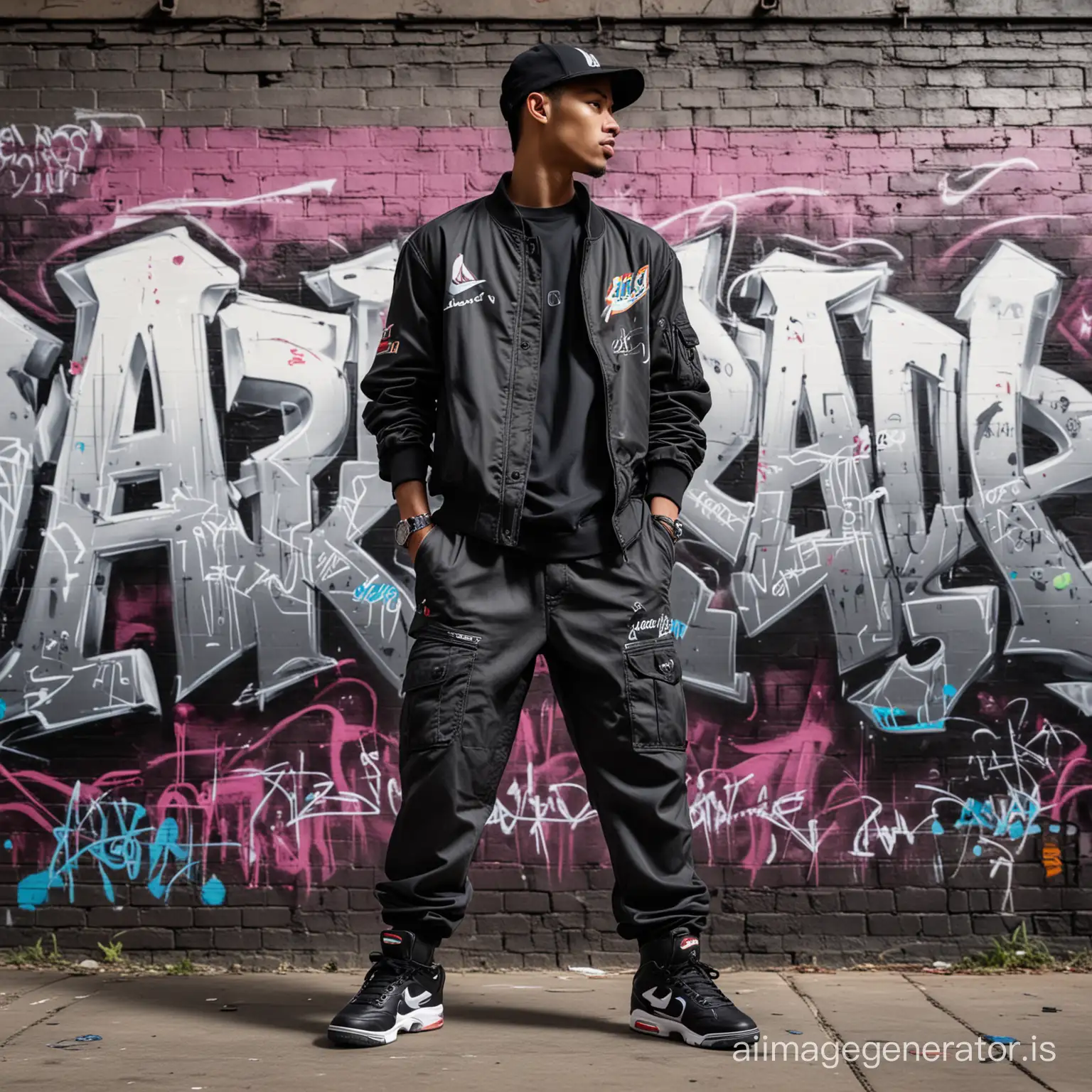 Glossy 4k airbrush oil ink painting of an Indonesian guy wearing a backward ball cap in hip-hop style, cargo trousers, Nike Jordan 6 shoes, standing in the middle with his hands folded against a background filled with neon graffiti. The graffiti contains eye-catching words such as "PROMPT AI" and "OWEN" in a spray-painted font. confident and cool attitude. perfectly capturing the essence of urban graffiti art.