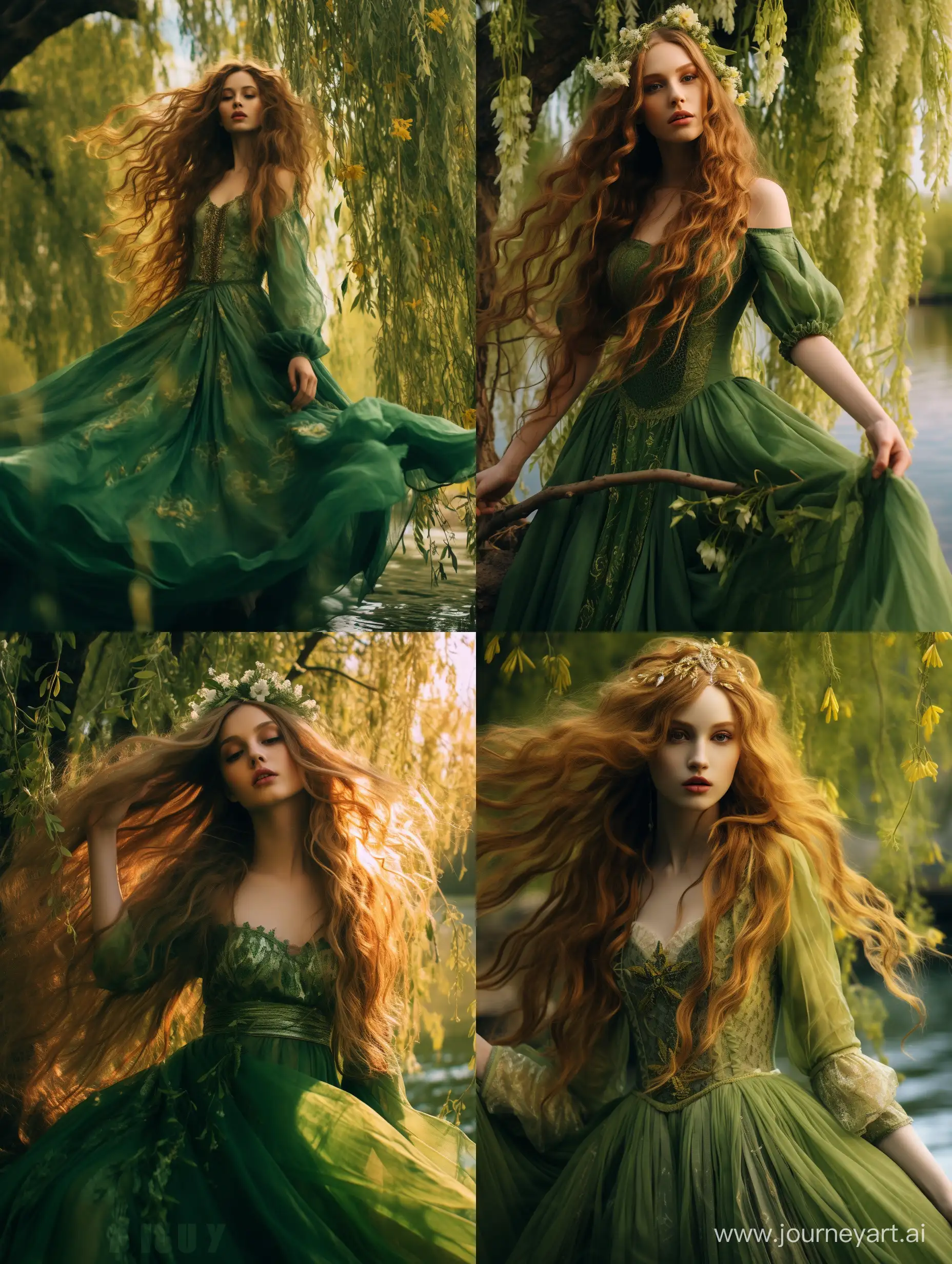 Королева-весна, невероятно красивая девушка в полный рост, с зелеными длинными волосами, на голове венок из вербы, в платье из зеленых листьев в весеннем саду, красивый пейзаж на фоне, синее небо, ручей, продолжение платья из зеленых листьев, завихряются у подола платья, неоновые переливы, высокое разрешение, эстетично, красиво, яркое освещение, фотореализм
