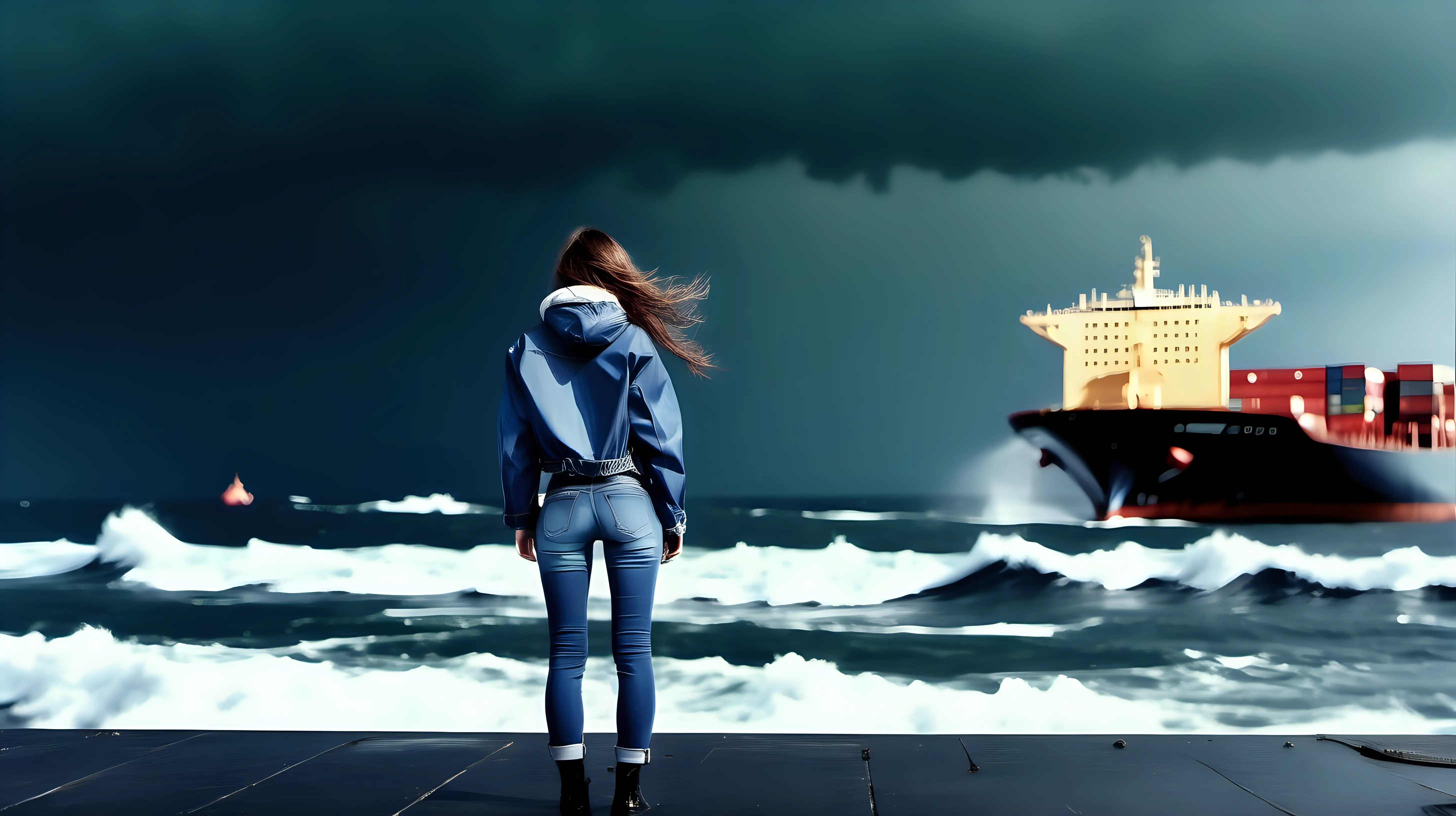 Lonely Beauty Watching Ships in Stormy Sea