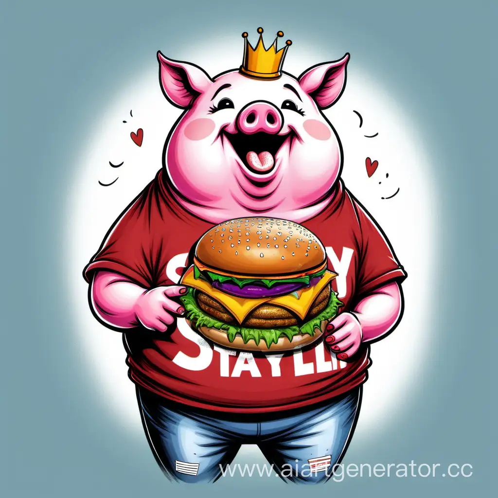 Нарисуй огромную жирнющую свиноту которая ест бургер и смеётся с футболкой на которой надпись STAYLI