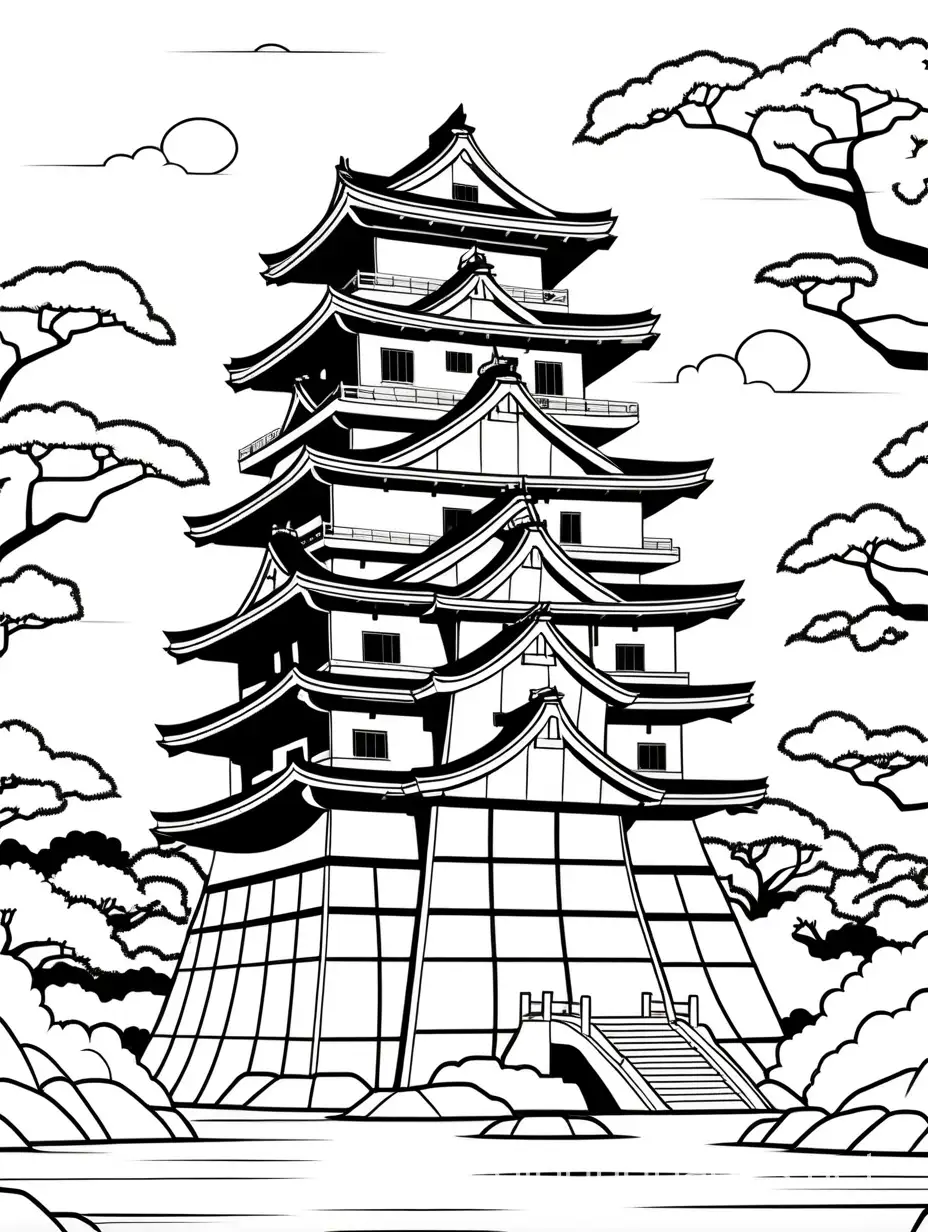 Hiroshima-Castle-Hokusai-Style-Coloring-Page-Simplistic-Black-and-White-Line-Art-for-Kids