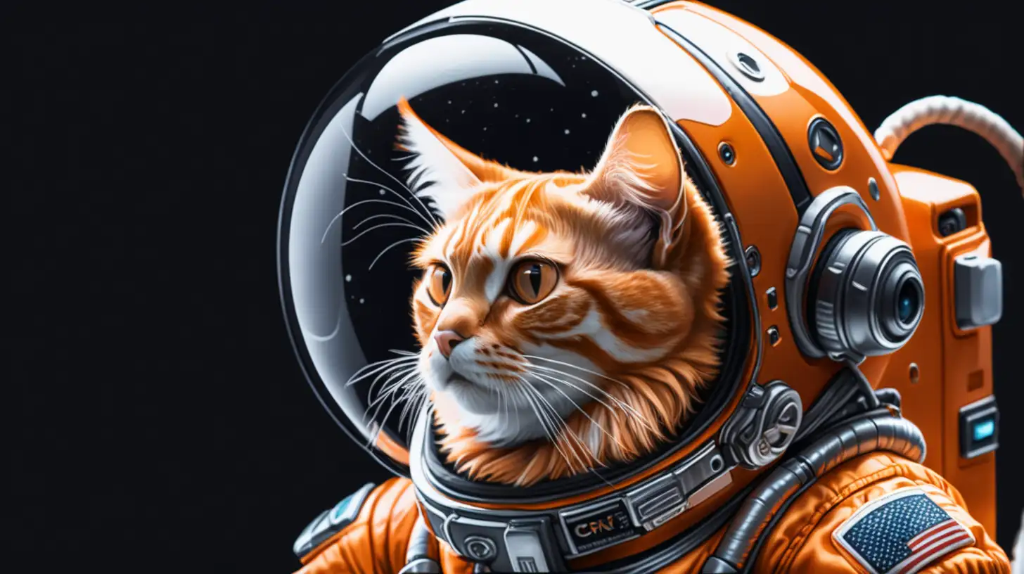 futuristic, full image of Orange Cat wearing space suit on black backround