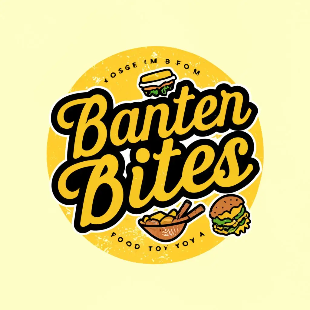 a logo design,with the text "Restaurant logo with fast food signe , with yellow & white colour combinations ,name of resturant is the banter bites , in logo use of fast food like Sandwich, pizaa , juice", main symbol:The banter bite's,Moderate,be used in Restaurant industry,clear background