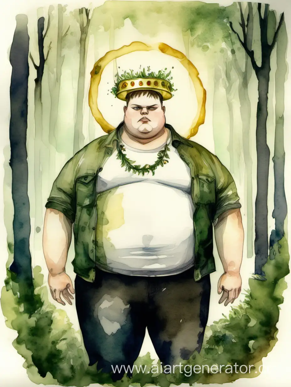 A young man with a halo around his head. The humanization of the vice of "Greed". He's greedy and fat. He eats a lot, greedily. It stands in the forest. The style is watercolor.