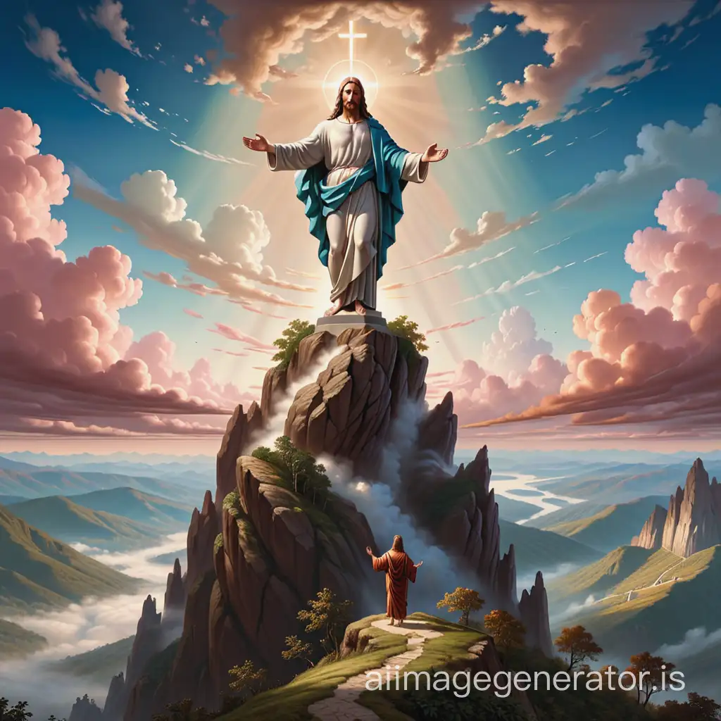 painting: statue of Jesus standing on top of a mountain, painting by Jofra Bosschaert, highly detailed digital art, wonderful cloud background, Martin Ansin, very very detailed image, on the path to enlightenment, album cover, award winning