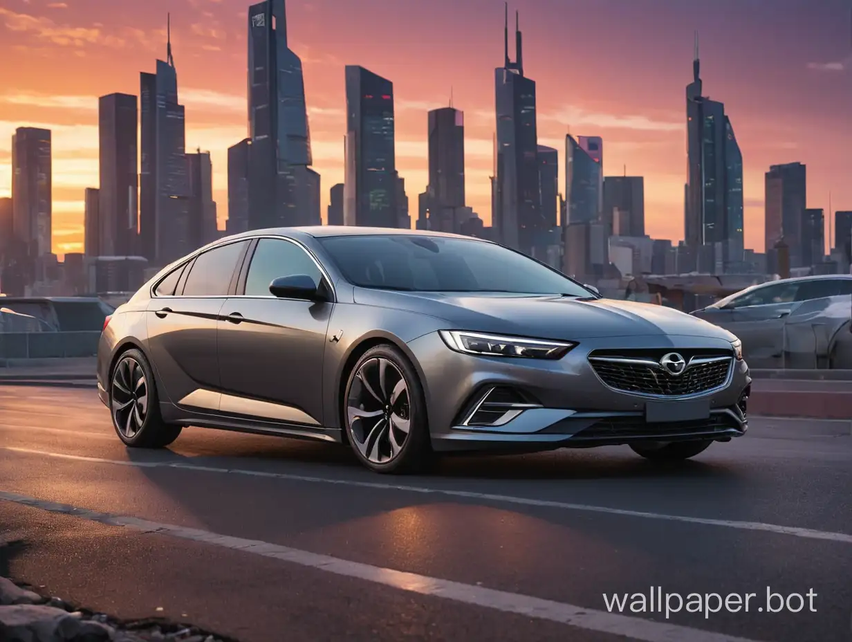 opel insignia grand sport in steel color with a futuristic city at sundown in the background, synthwave style
