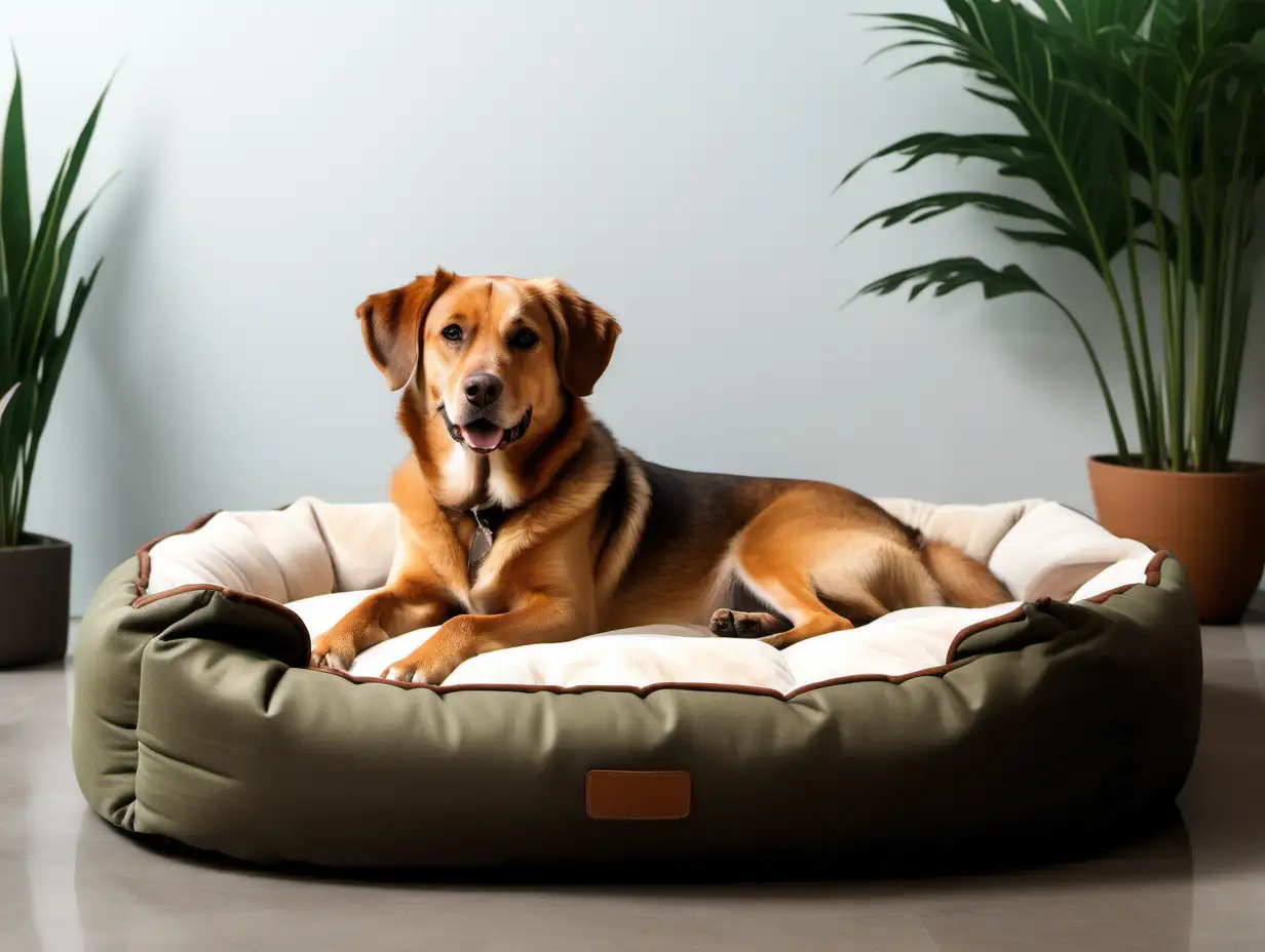 Create an image of a dog relaxing on the soft dog bed. The dog looks relaxed and happy, it's looking down like sniffing something on the ground. The dog bed is located on the outdoor terrace of the house. The house looks high-end, and expensive, like a wealthy family is living there. The dominant colors of the image shall be muted browns, beiges, and forest greens.  