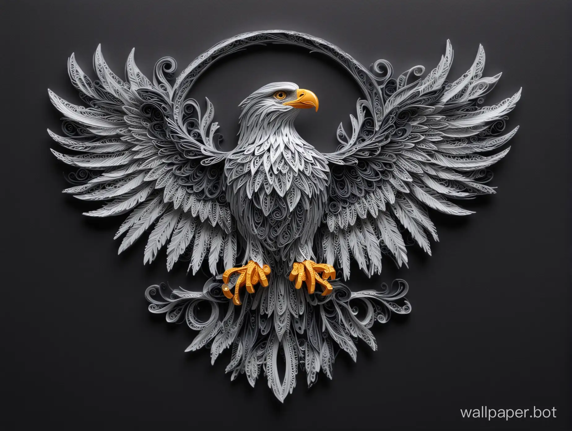 front-angle view of a silver eagle with silver grey decorative flames in a papercraft quilling style. Simple composition with a dark background.