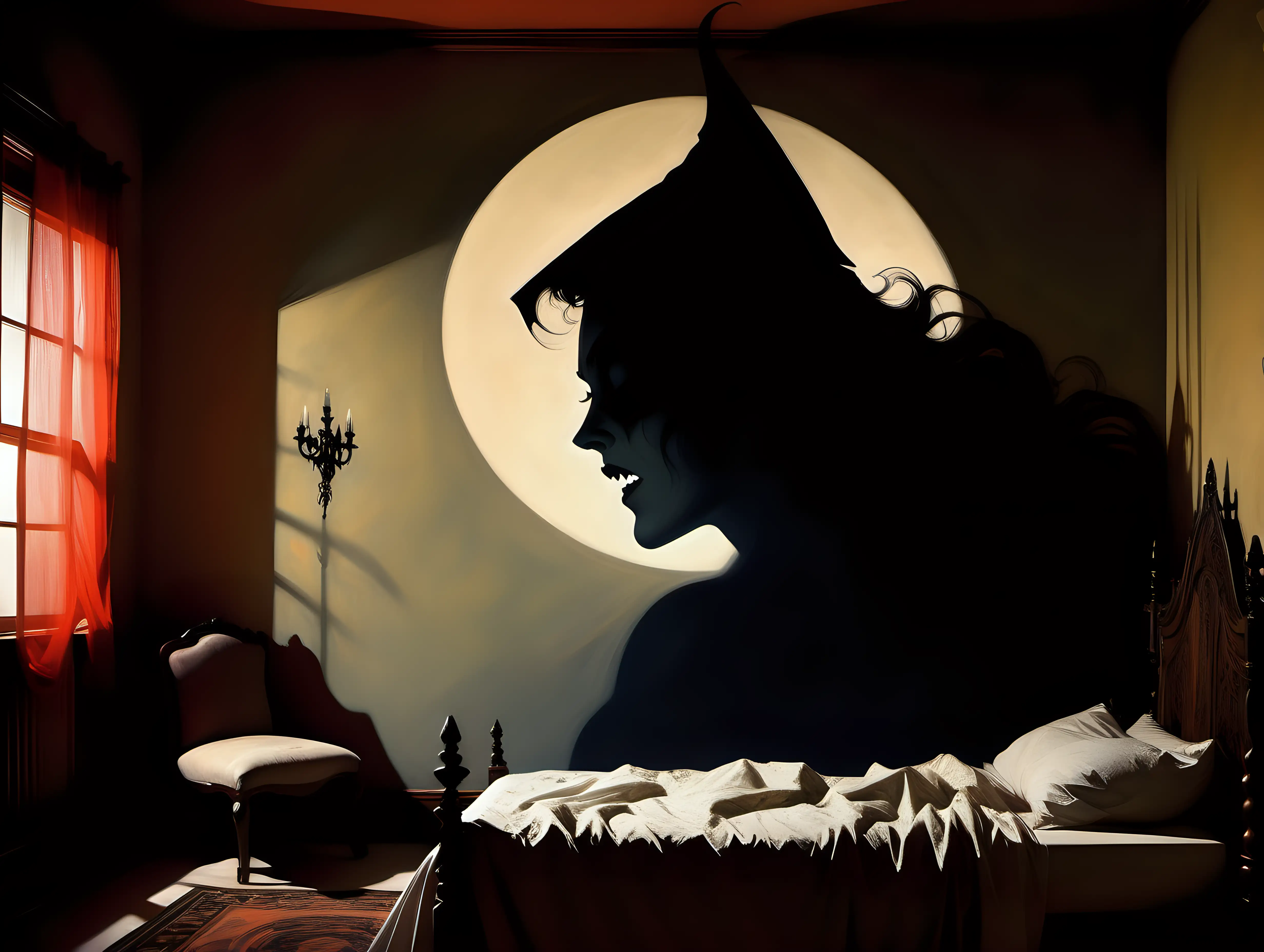 dracula's shadow on the bedroom wall of a woman sleeping in bed
Frank Frazetta style