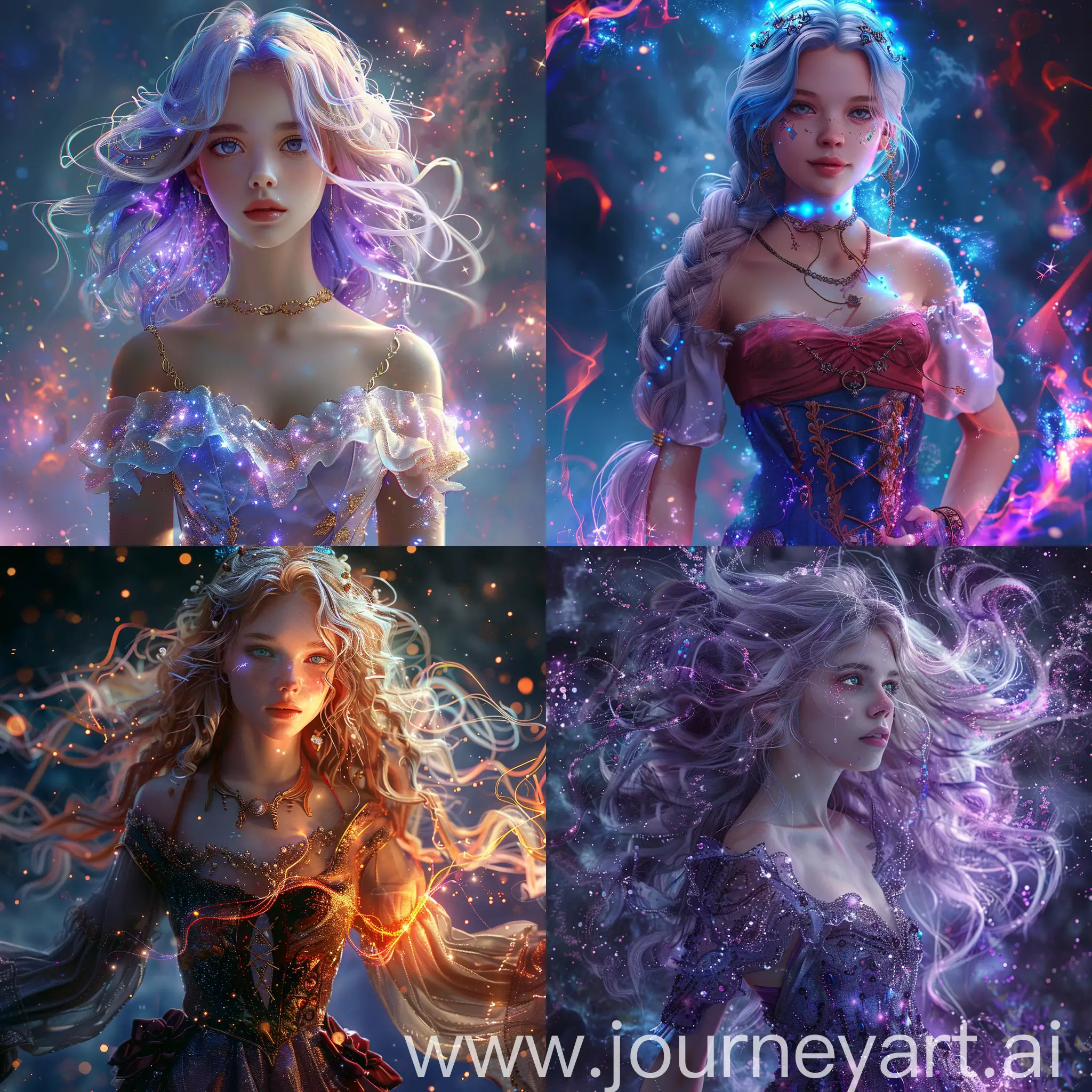 illustration don't change image face, full size, half body, fairy tale, mage, cute, gorgeous, beautiful, cosmic hair, gorgeous dress, 4K, stunning details, dynamic lighting, cinematic lighting,