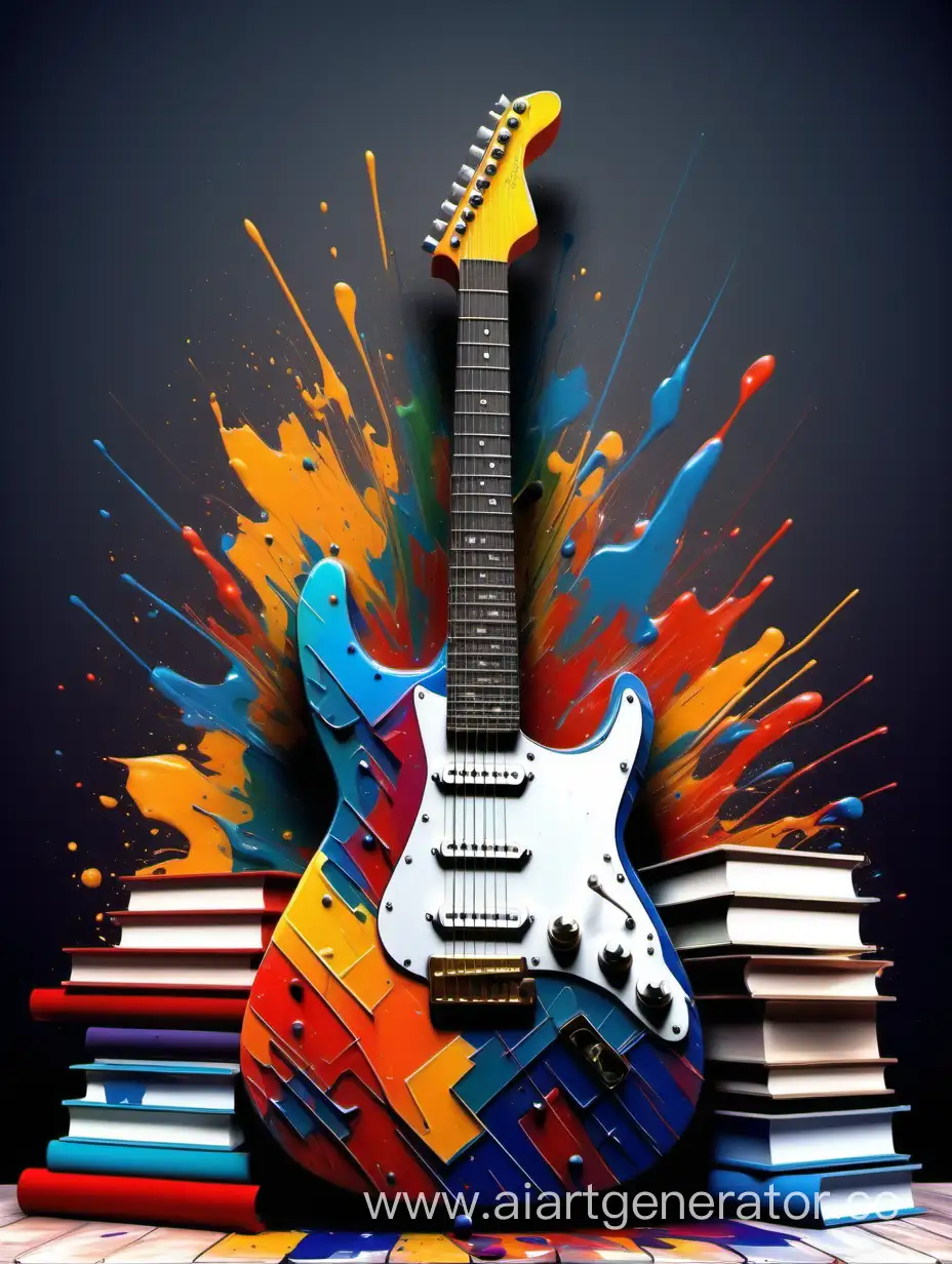 Vibrant-Electric-Guitar-Art-Amidst-Books-and-Paints