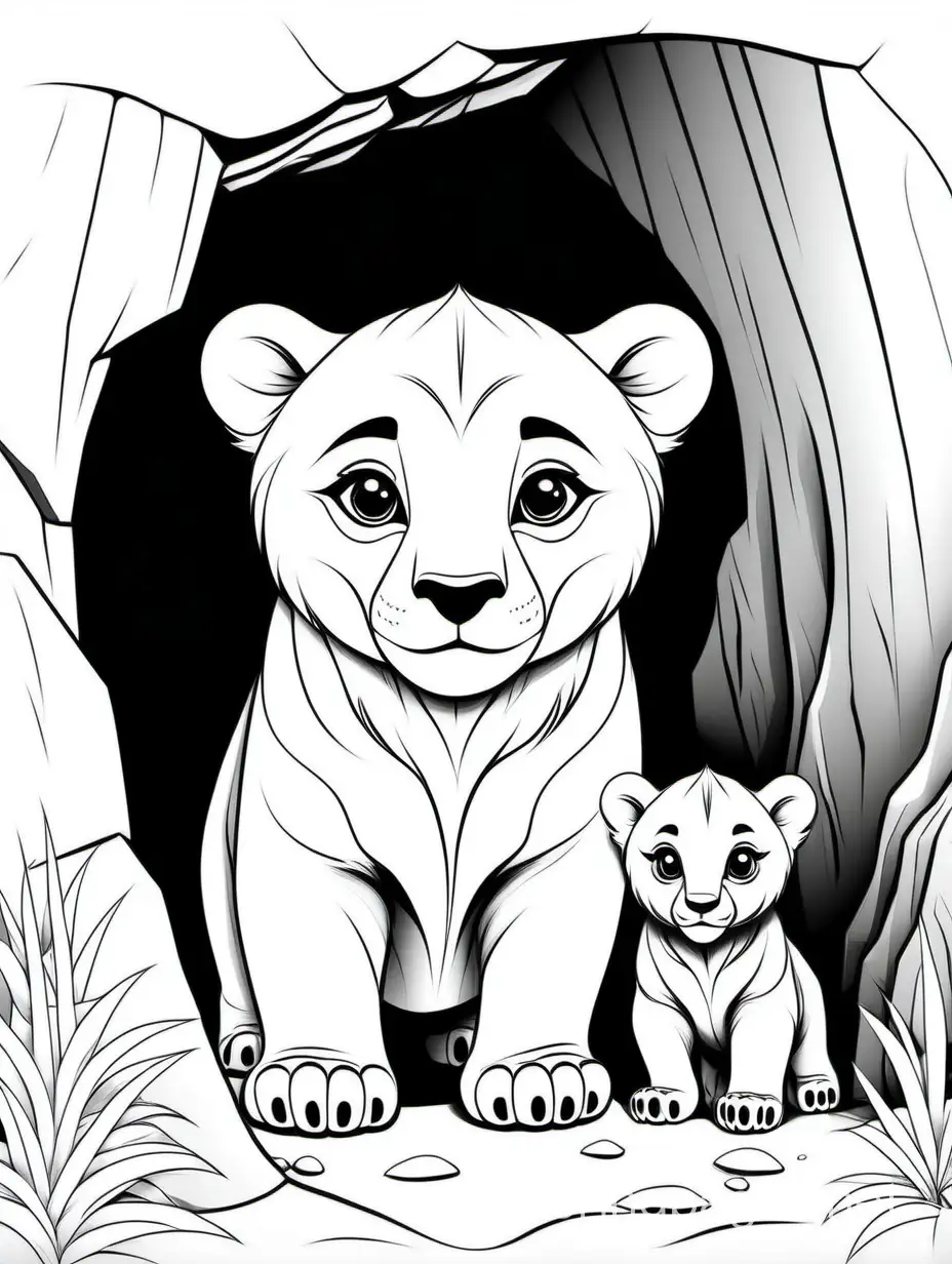 Baby cub with mama in cave , Coloring Page, black and white, line art, white background, Simplicity, Ample White Space. The background of the coloring page is plain white to make it easy for young children to color within the lines. The outlines of all the subjects are easy to distinguish, making it simple for kids to color without too much difficulty