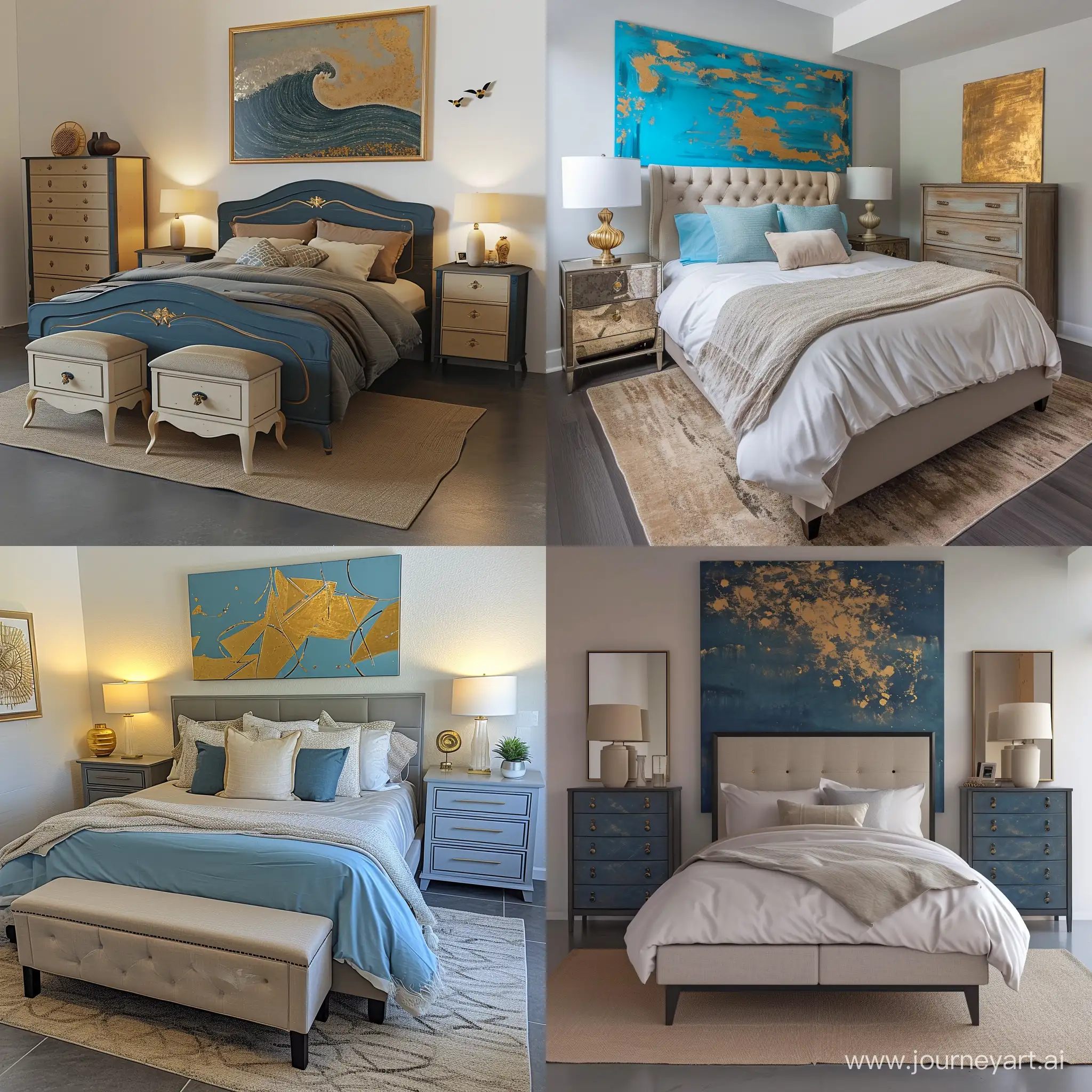 camera da letto con letto due comodini  una cassettiera dipinto sopra alla testata del letto  piccoli tappeti beige stile moderno pavimento grigio.  colore dominante medium Blue, dettagli oro