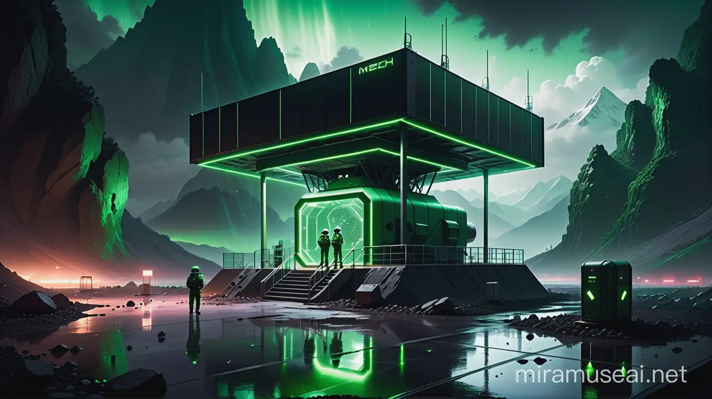 Realistic research centers with one worker around it, green neon and big neon lights inside the part, its color shadow on the floor, Rainy weather, staff in dark green uniforms and helmets, Atmospheric and cinematic, The structure is very big and elongated in the shape of a match and wide, A dark green smoke rose from the research centers environment and spread in the air, The image space is outside the realistic research center, On a big rocky ground outdoors.
with huge satellite antennas,
An big green neon cubic object,
The floor is black and white,
in the mountains.
dark atmospheric and cinematic.