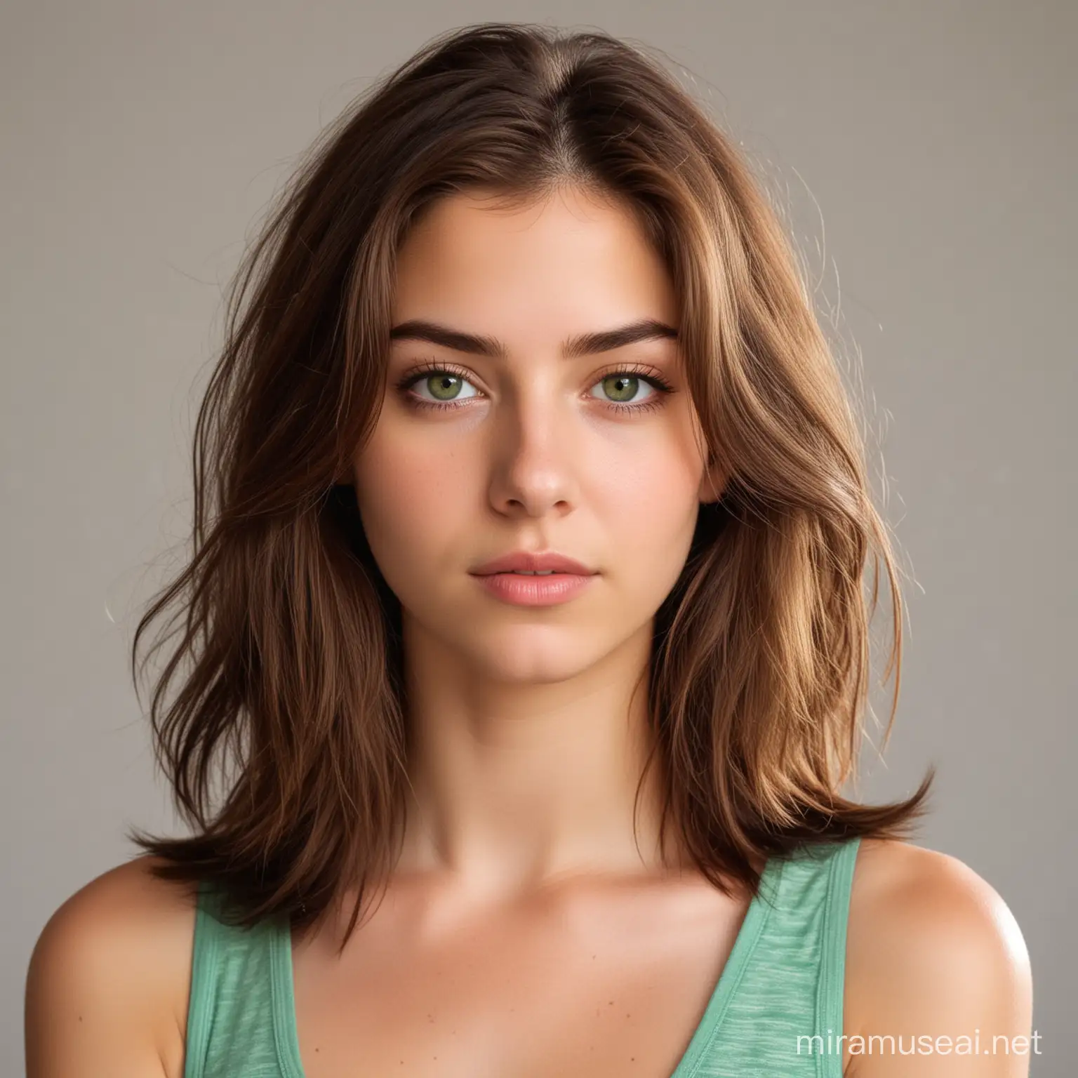 A pretty woman. She is 18 years old. She has shoulder-length brown hair. Her eyes are green. Her expression shows she is serious