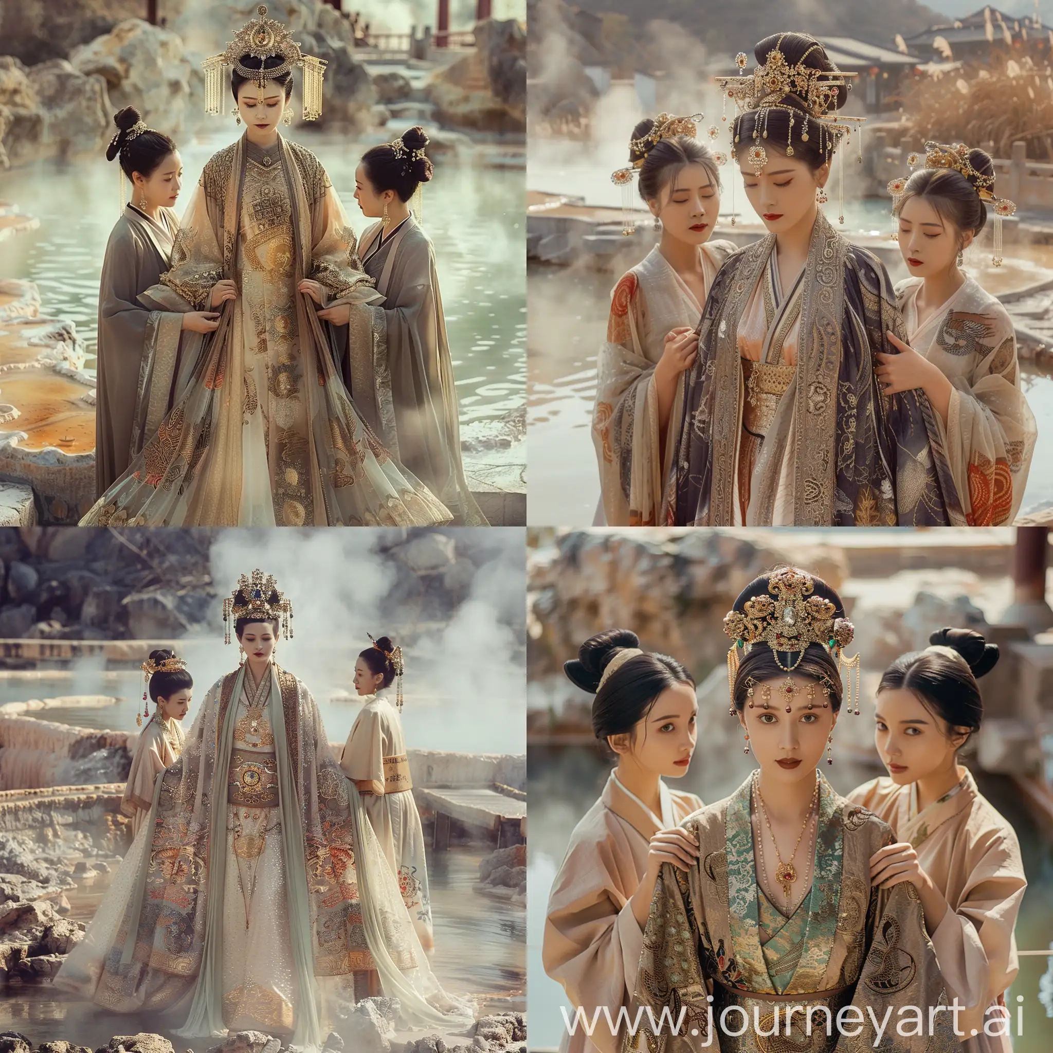 Elegant-Empress-and-Maids-by-a-Majestic-Hot-Spring-A-Panoramic-View-of-Ancient-Chinese-Luxury