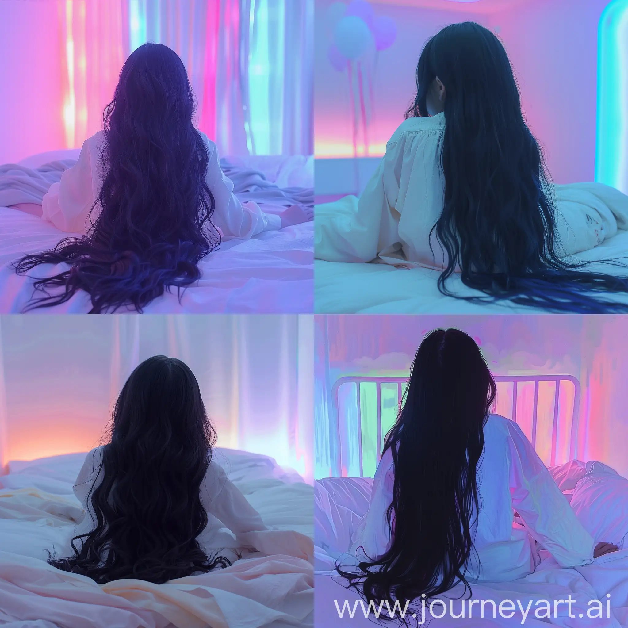 Aesthetic instagram picture real person, girl with long black hair facing away laying in bed, pastel lit room 