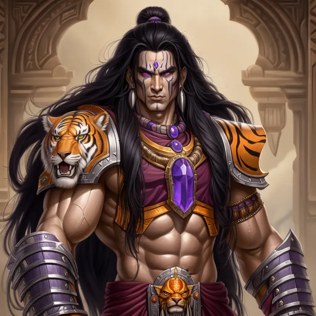 Примарх индийский Шива, длинные чёрные волосы, фиолетовые глаза, высокий и накаченный, четыре руки, бардовая одежда, тигриная шкура, оранжевые доспехи, золотые украшения с тиграми, warhammer 40000, рисунок, симметрия, портрет