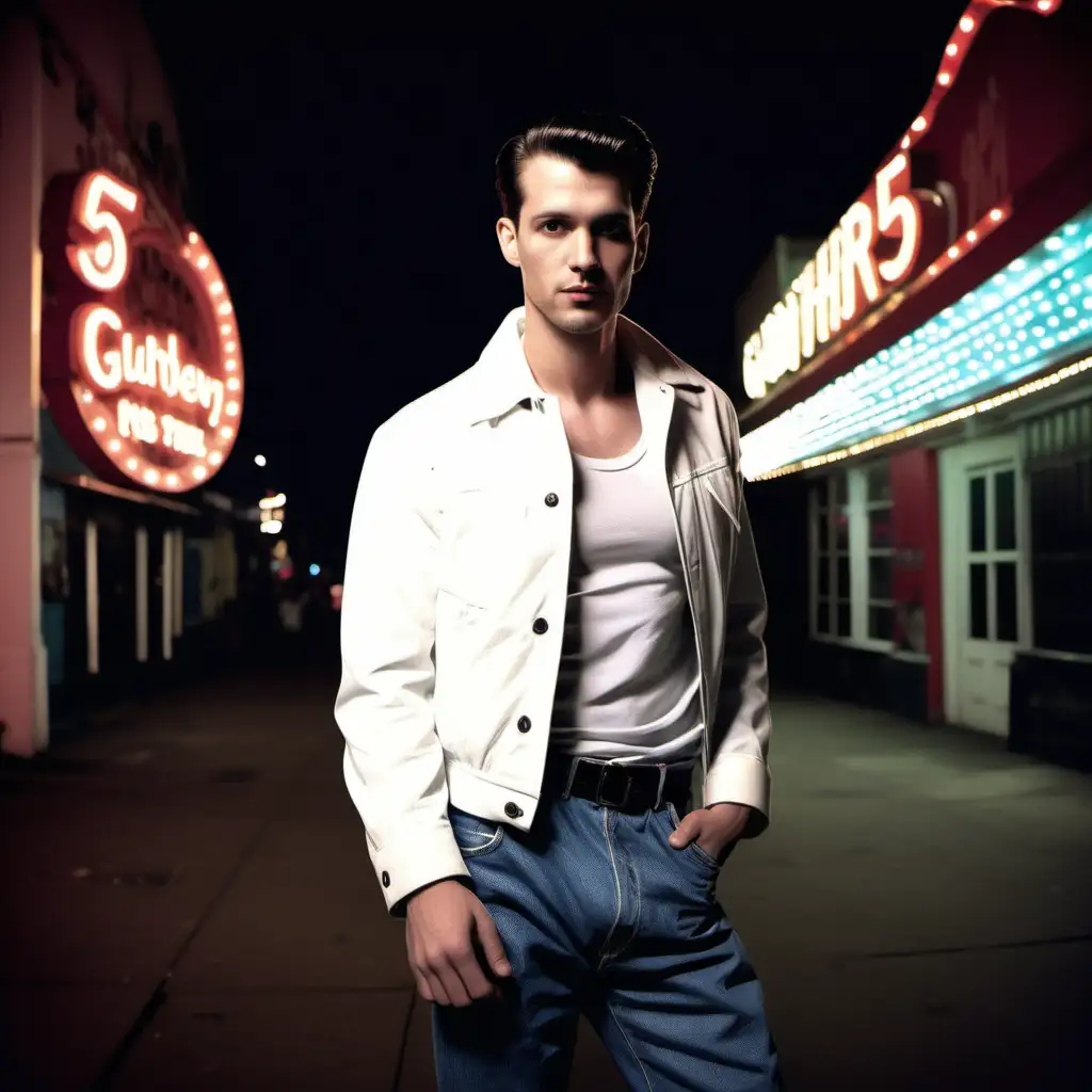 a ma in jeans and white shirt with jacket over his shoulder standing outside a 50s style nightclub at night.
