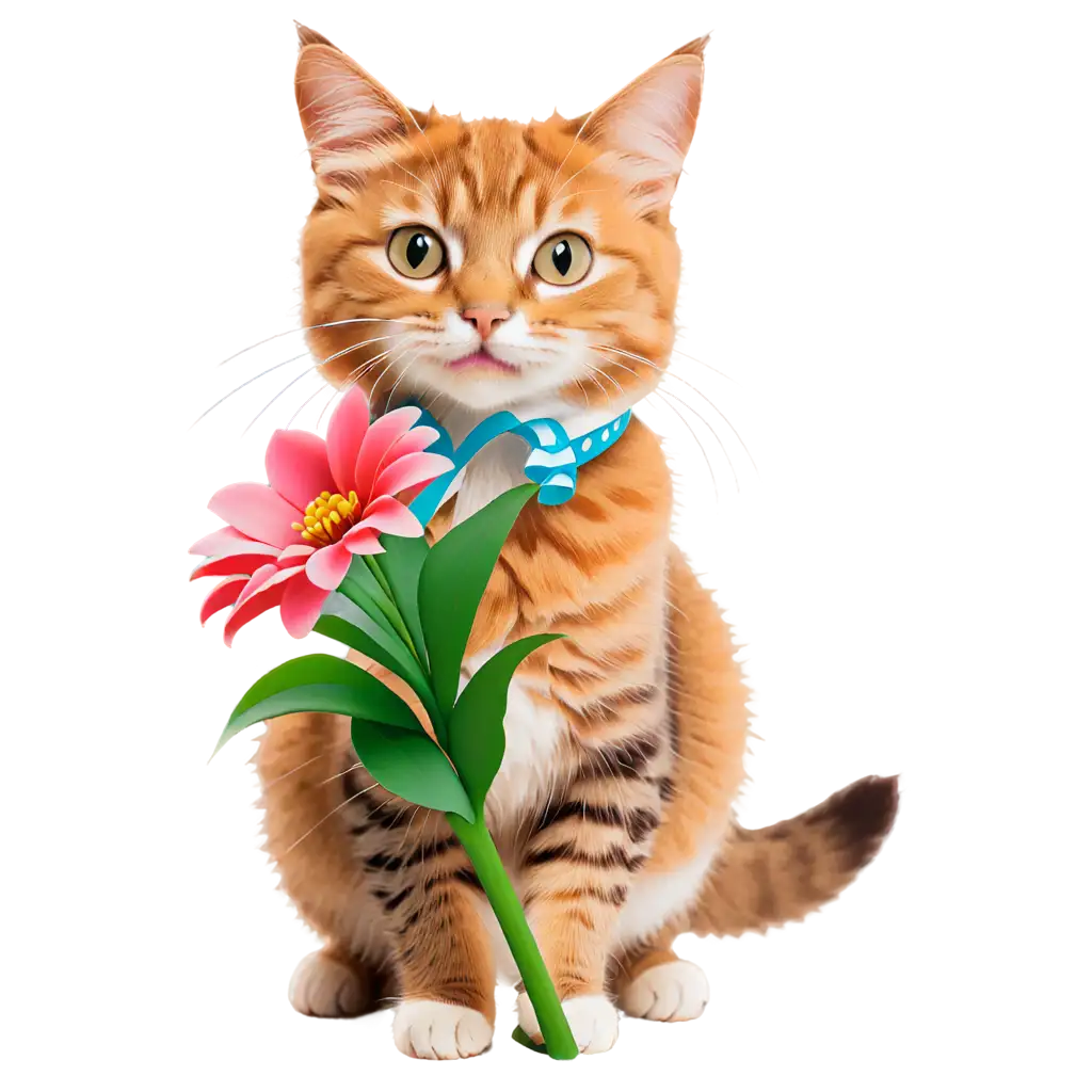 Cute smiling cat with a flower in his hand
