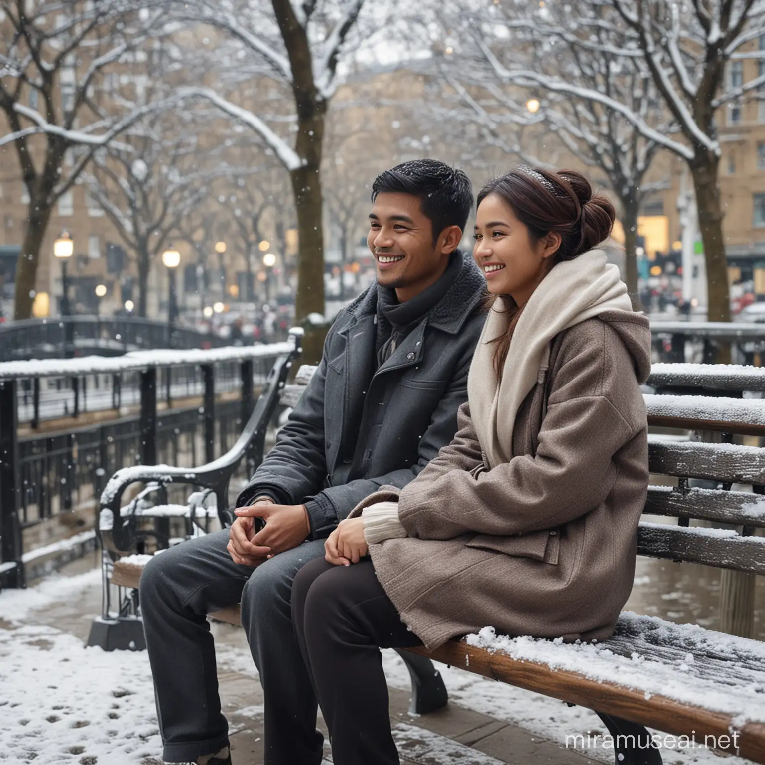 Indonesian Couple in Winter Attire Enjoying Snowy Day in London Park