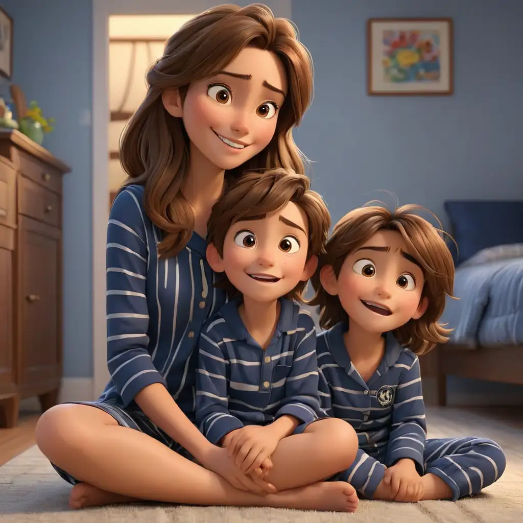 Disney pixar theme, 3d animation, beautiful mom, long straight brown hair and brown eyes, son with neat brown hair and brown eyes, mom and son happily looking at each other, sitting on floor, wearing navy blue stripe pajamas