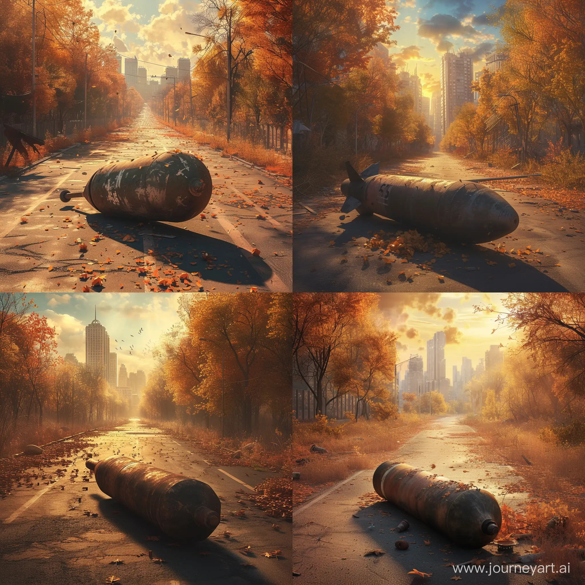 Una bomba de la segunda guerra mundial tipo AN-M56 de 4.000 libras ha caído al suelo sin explotar, bajo el sol de otoño en una carretera de una ciudad abandonada, ficción, wallpaper, cg artwork, art