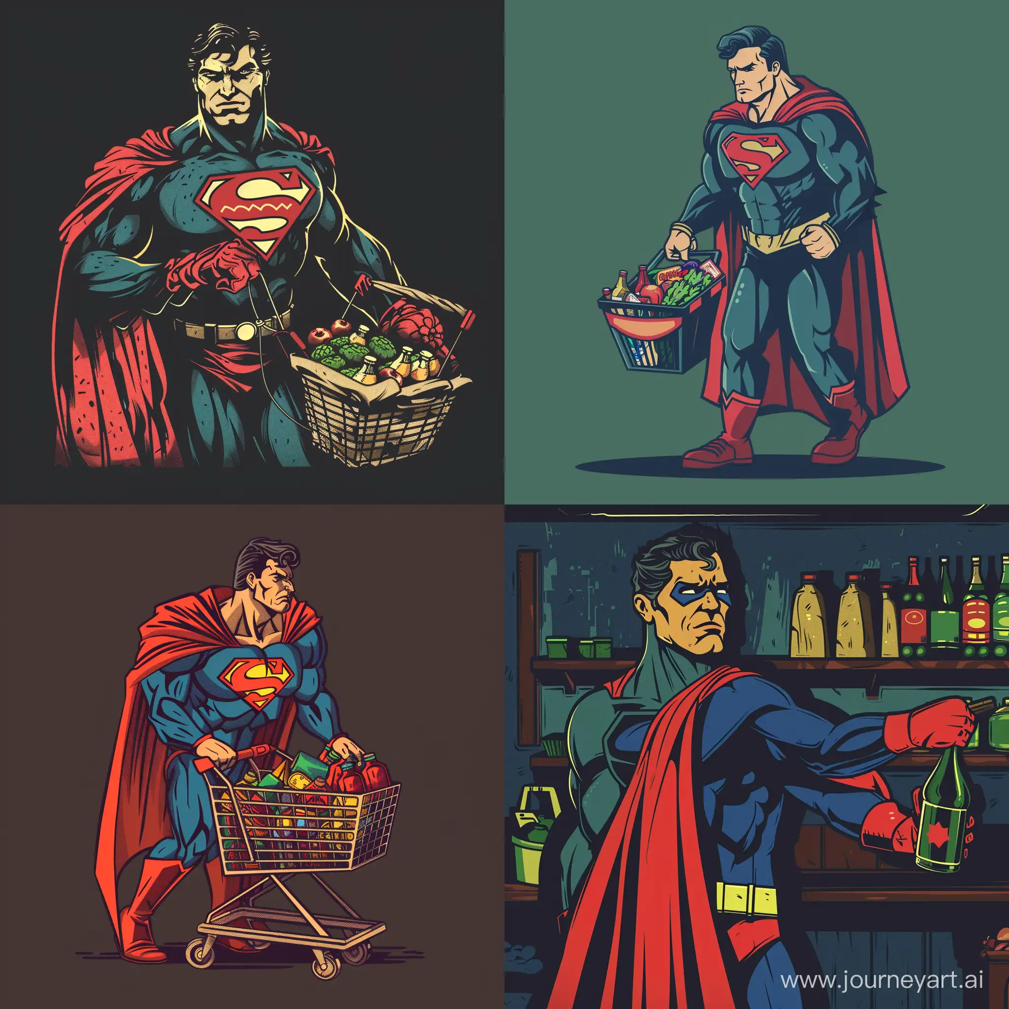 Superhero Doing Groceries: A down-to-earth moment showing even heroes deal with daily chores. Make it in a graphic style that can be used for t-shirts