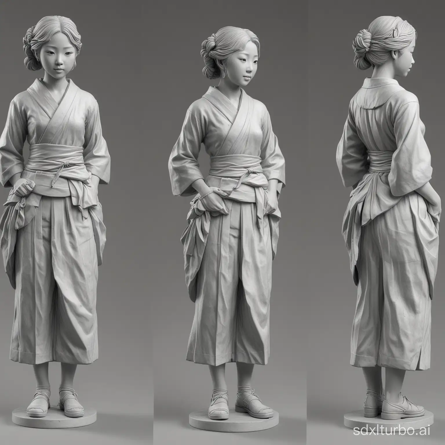 Generate three views, one is the front view, two is the left view, and three is the rear view. The 3D colorless gray model plaster sculpture depicts a Japanese girl, Sailor dress