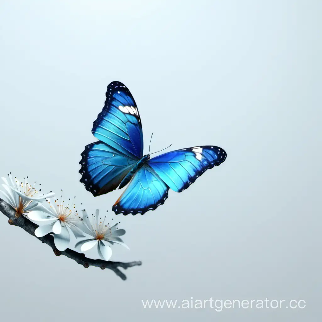 Синяя бабочка сидит на ветке белом фоне 4k
