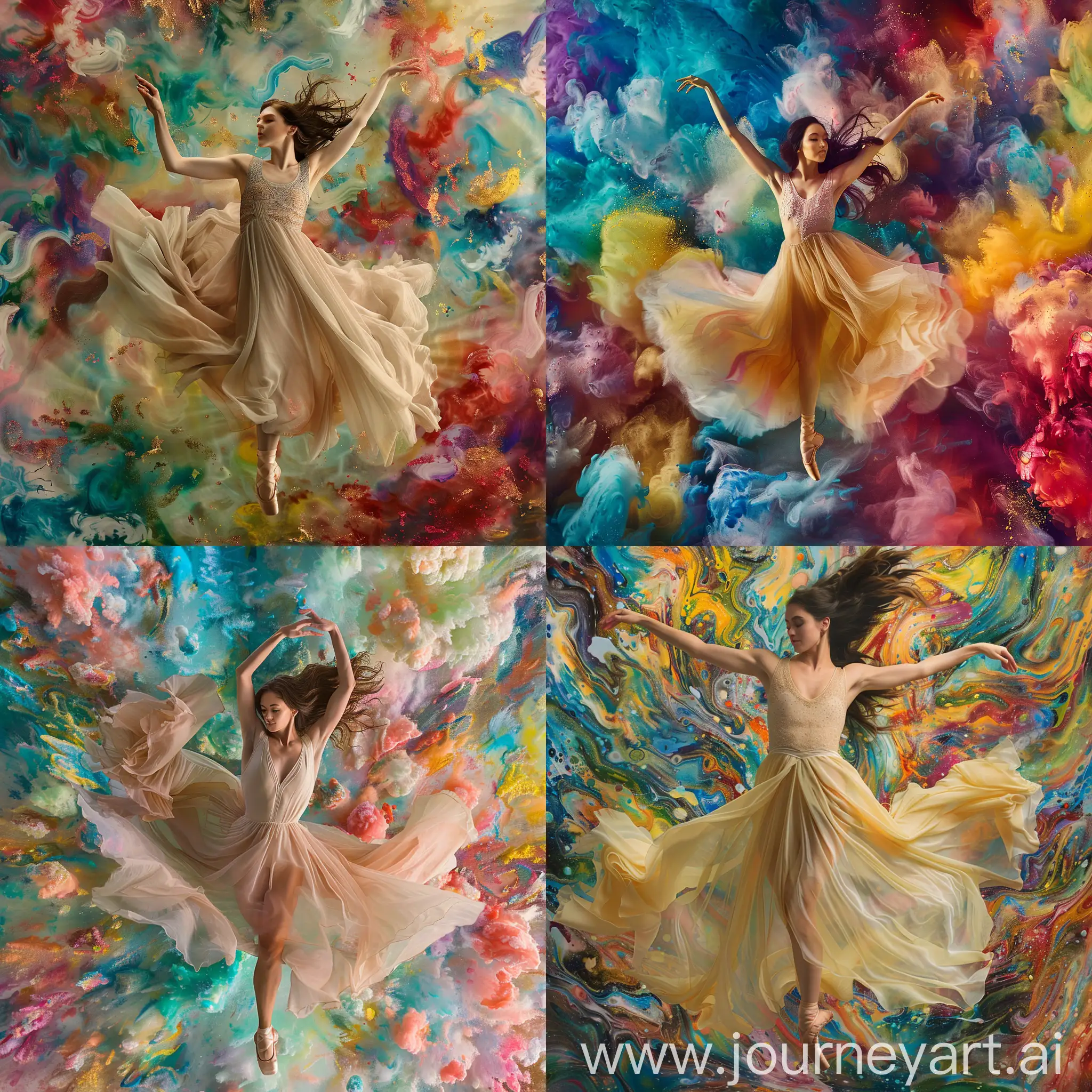 high quality, 8K "A beautiful dancer in a ballet dress". Gracefully twirling amidst a sea of vibrant colors, the ballerina emanates elegance and poise. Her delicate form, adorned in a flowing ballet dress, exudes ethereal beauty. In this exquisite, high-resolution photograph, the dancer appears suspended mid-air, her fluid movements frozen in time. The image showcases the dancer's impeccable technique and refined artistry, capturing the essence of her mesmerizing performance.