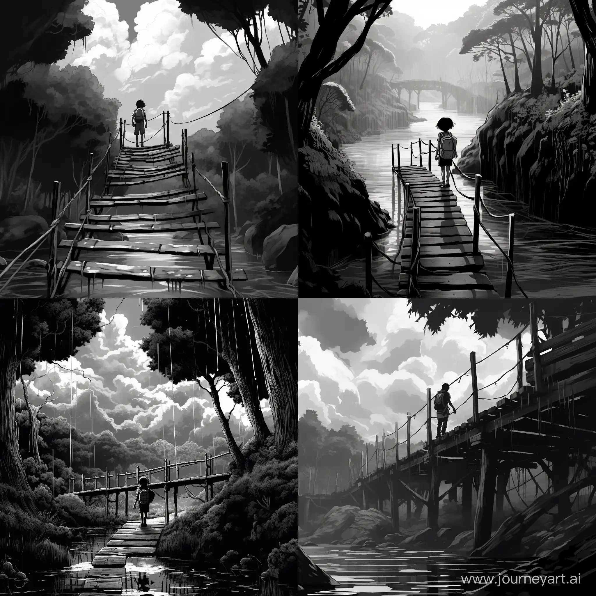 Eren Yeger was walking across a narrow bridge over a fast stream in manga style black and white