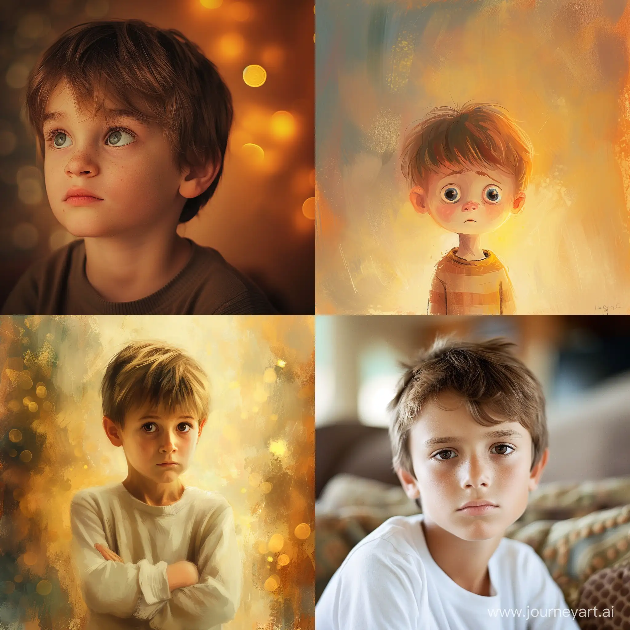 boy looking apprehensive yet in a gentle and soft style –warm colors, friendly ambiance, comforting background