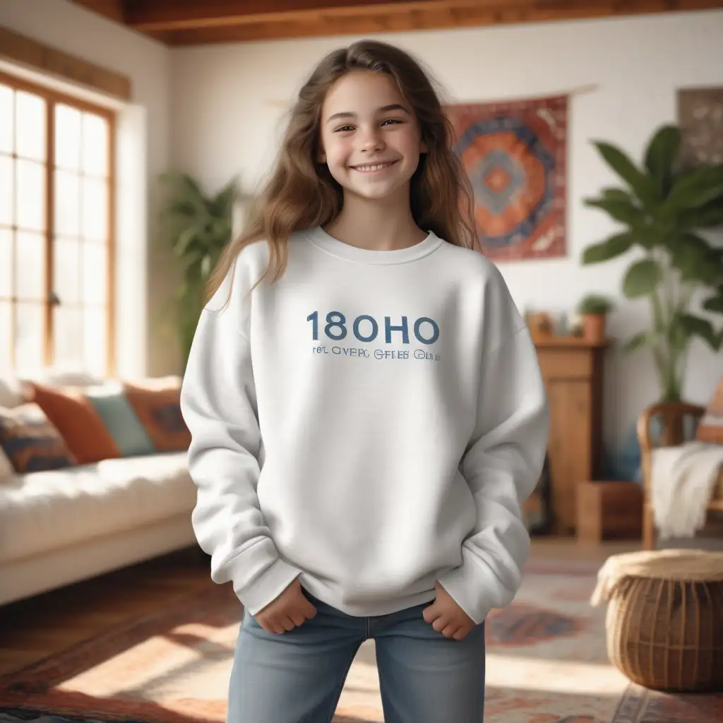 a photorealistic photo mockup of a gently smiling teen girl wearing a blank white,
over-sized Gildan 18000 sweatshirt , and jeans in front of an indoor  themed
boho style home living Room scene. professional photography composition, f9.0. --ar 5:4 -
-s 750 --style raw -
