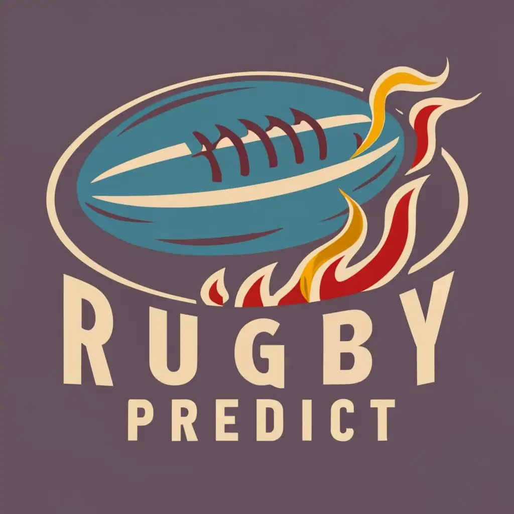 logo, A blue oval with the words Rugby Predict in white, with a red and yellow flame behind the oval, typography, be used in Sports Fitness industry