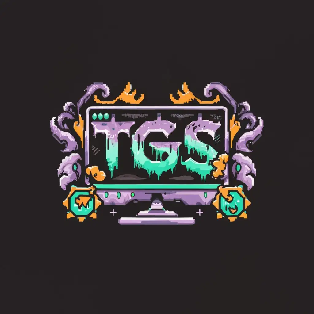 a logo design,with the text "[[[TGS]]]", main symbol:computer screen with RPG theme (World of Warcraft, Guild Wars 2) video game displayed, darker colors, black, purple, teal, display, dragons,complex,be used in Entertainment industry,clear background