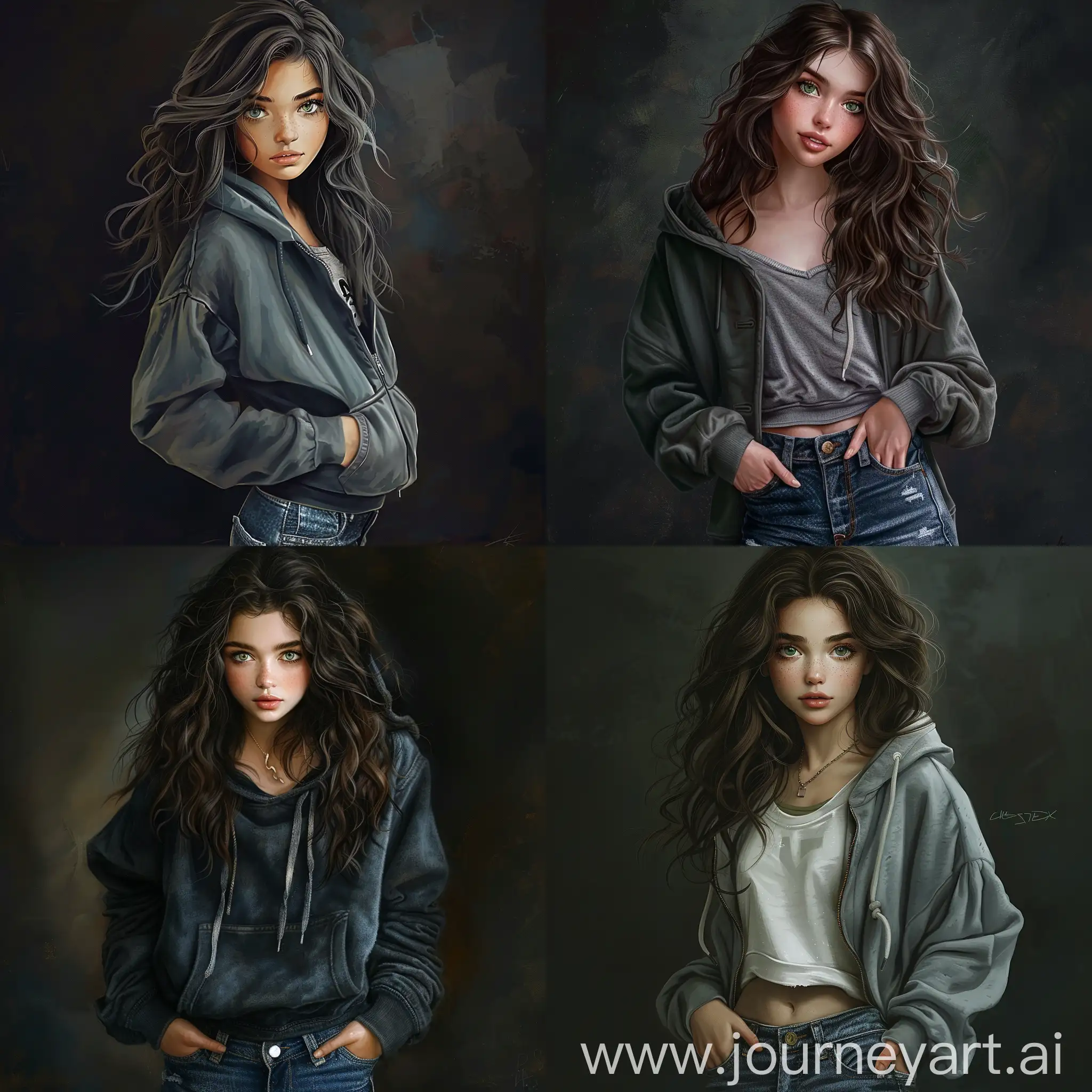 Beautiful girl, wavy dark brown hair, gray-green eyes, white skin, teenager, 15 years old, dressed in jeans and oversize hoodie, high quality, high detail, dark background, realistic art