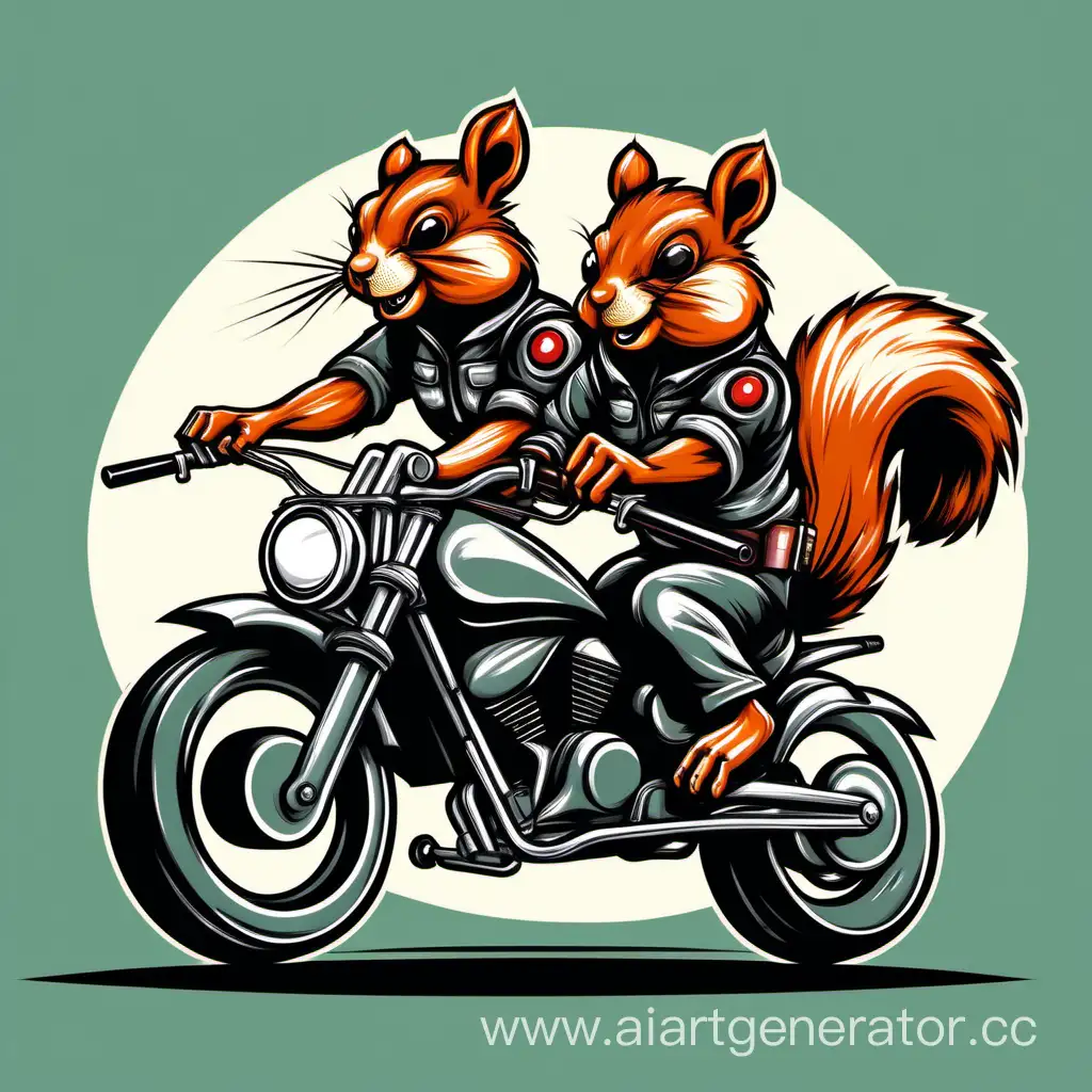 Two aggressive squirrels ride a motorcycle, the second squirrel shoots a shotgun, front view, vector style