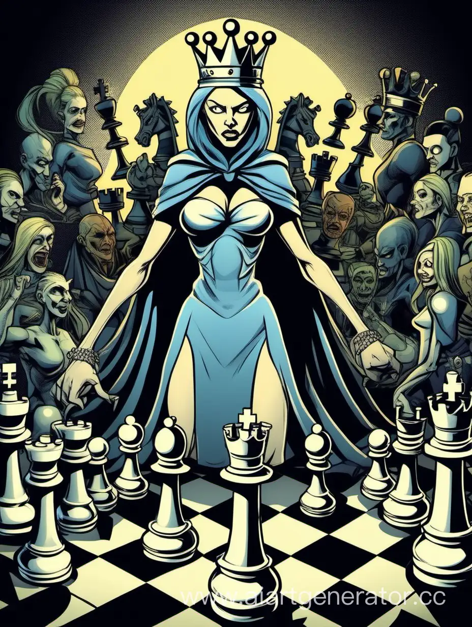 A queen of chess, in comic style, fighting against other chess figures, it has a face, a creepy fight face
