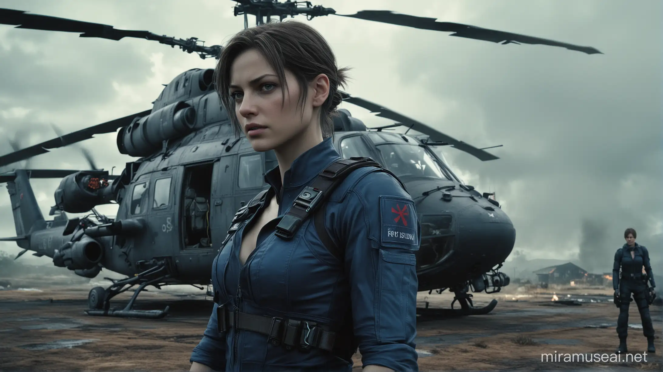 cinematic still, resident evil, jill valentine, apocalyptic, leaning against helecopter

