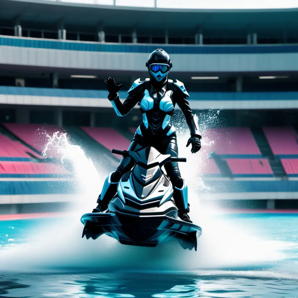 freestyle-standup-powerjet-jetski, backflip, cyberpunk-outfit, futuristic costume, gothic, realistic, arena, filled with water, pool, sold-out stadium, high detail, 8K, shot on Canon EOS 5D Mark IV --ar 9:16 --v 5.1