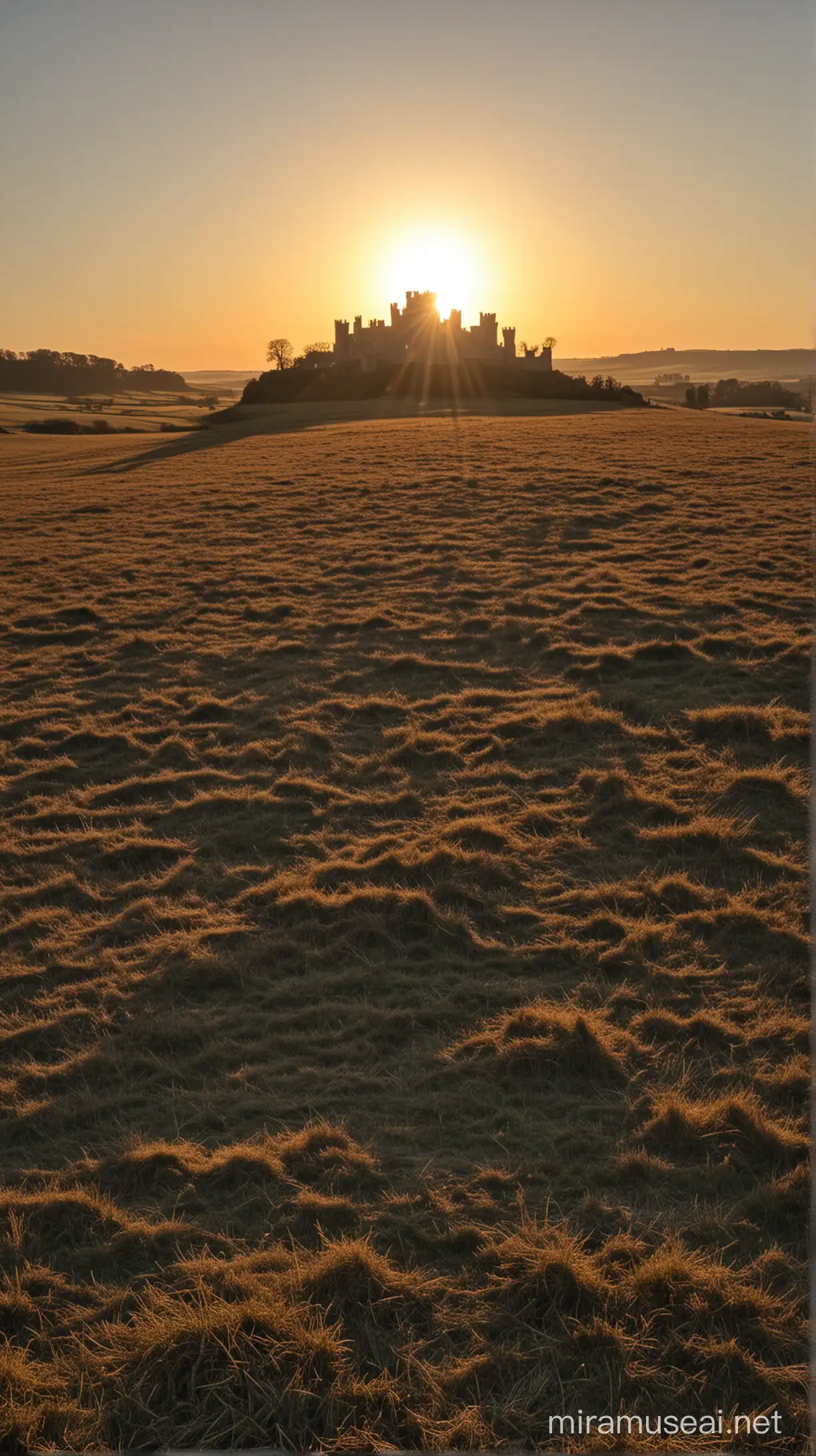 The sun setting behind the castle, casting long shadows over the land.