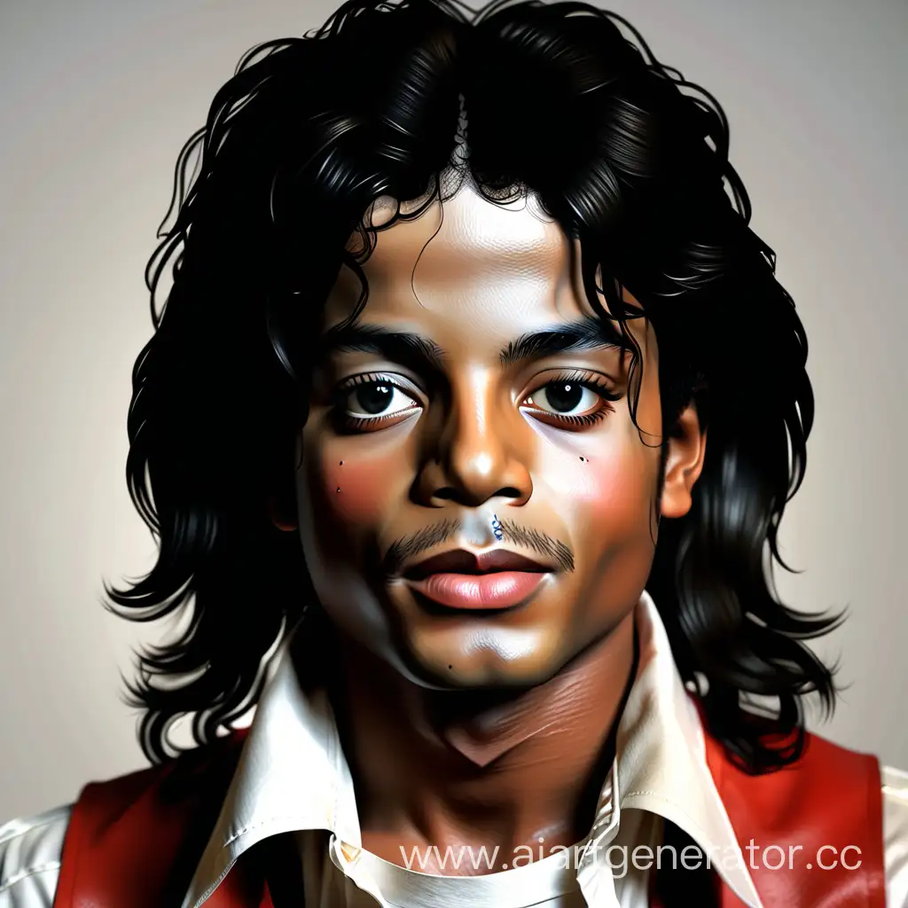 Generate a photorealistic image description of a portrait of young Michael Jackson with the following specific features: long hair, white skin tone, a notably small nose, and a thin fac